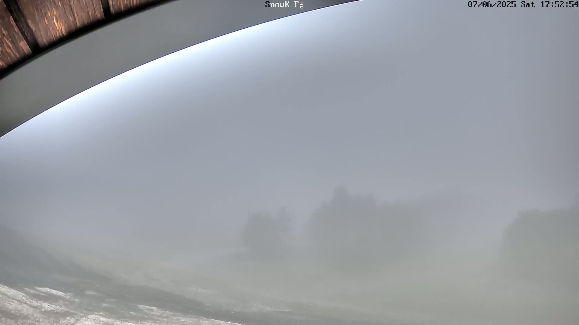 A heavily fog-shrouded landscape is visible from a slightly elevated viewpoint, with indistinct dark shapes suggestive of trees in the mid-ground.