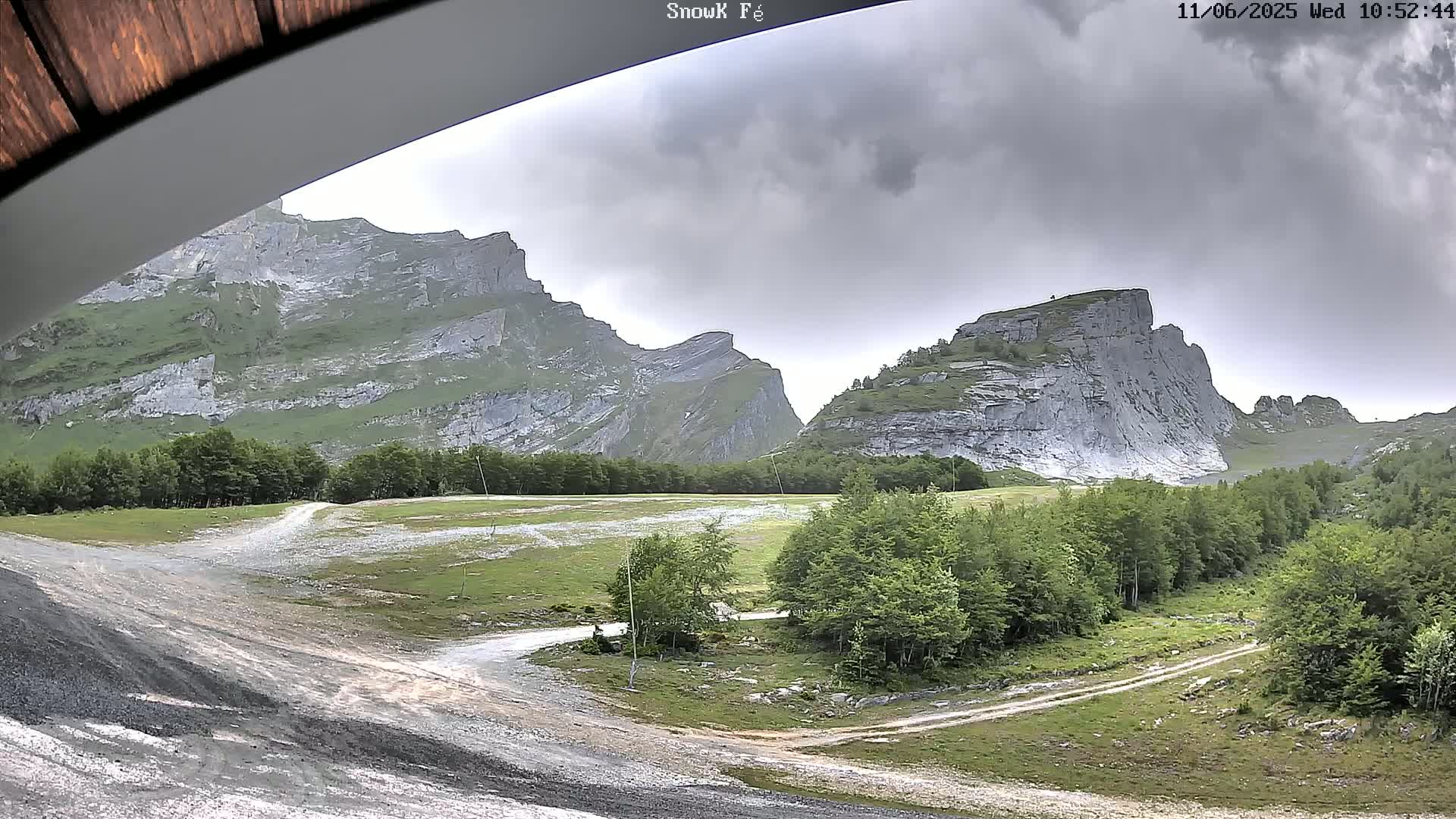 A view of a valley with gray, rocky mountains under an overcast sky, showing a dirt road winding through green trees and grassy areas.