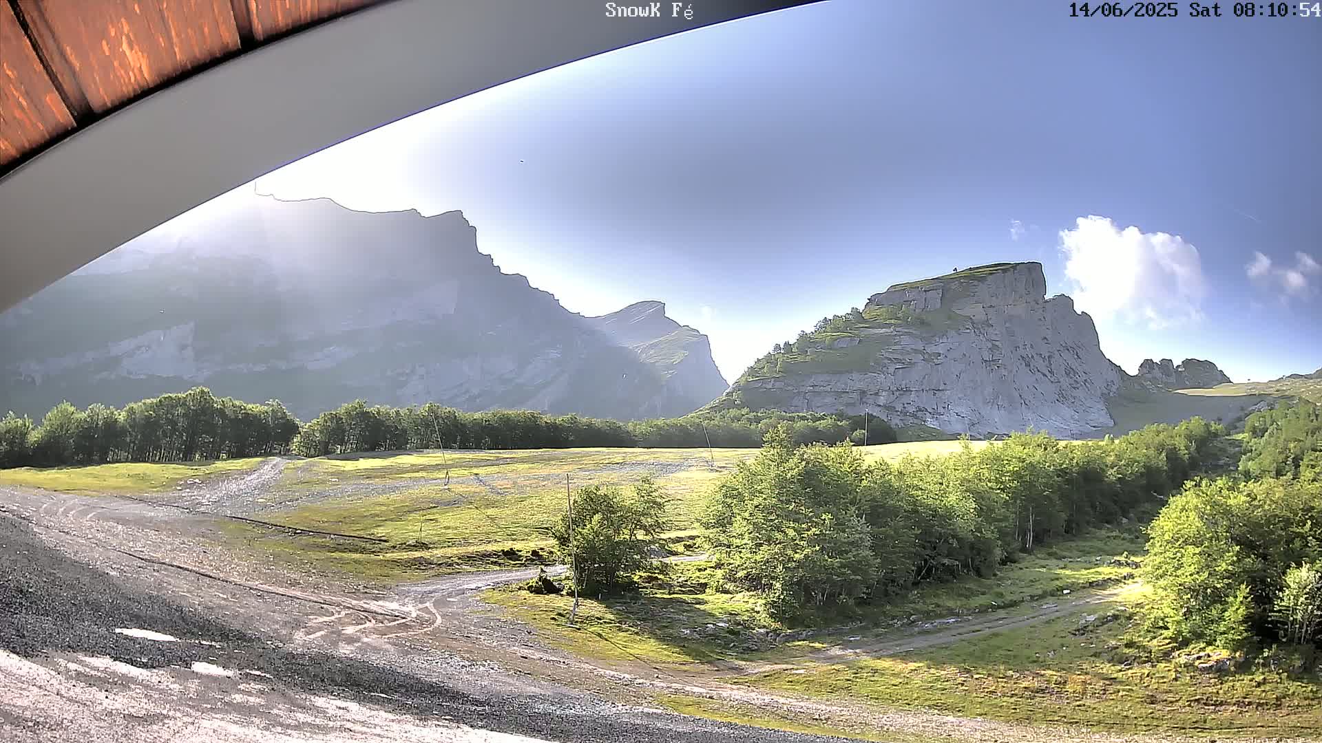A sunny view of a grassy valley bordered by large, light-grey rocky mountains.