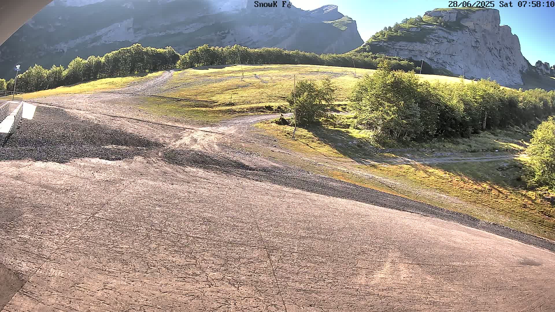 A mostly sunny view of a rocky, mountainous landscape with a gravel road leading towards a grassy area and a forest.