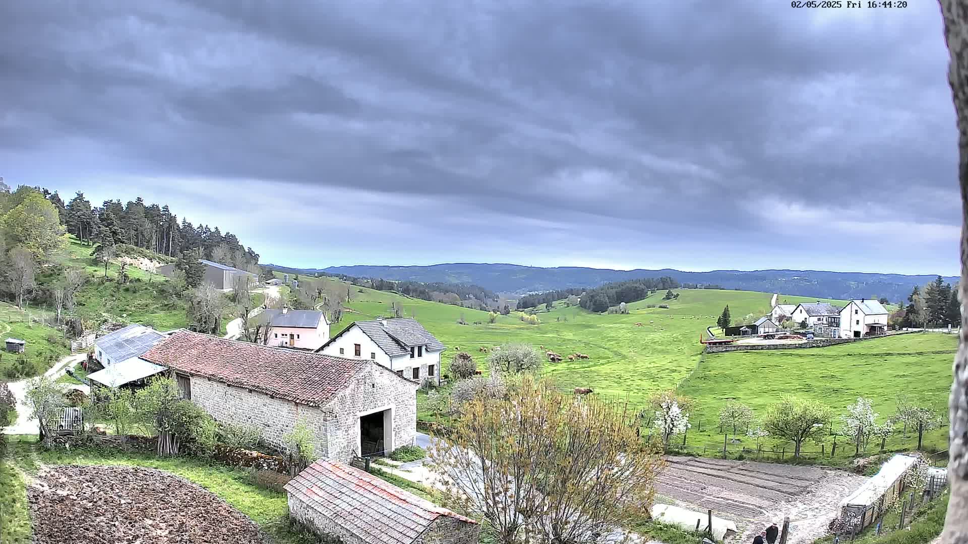 Under a cloudy sky, a pastoral valley scene shows several farm buildings nestled amongst green pastures dotted with cattle, with a line of trees and distant hills in the background.