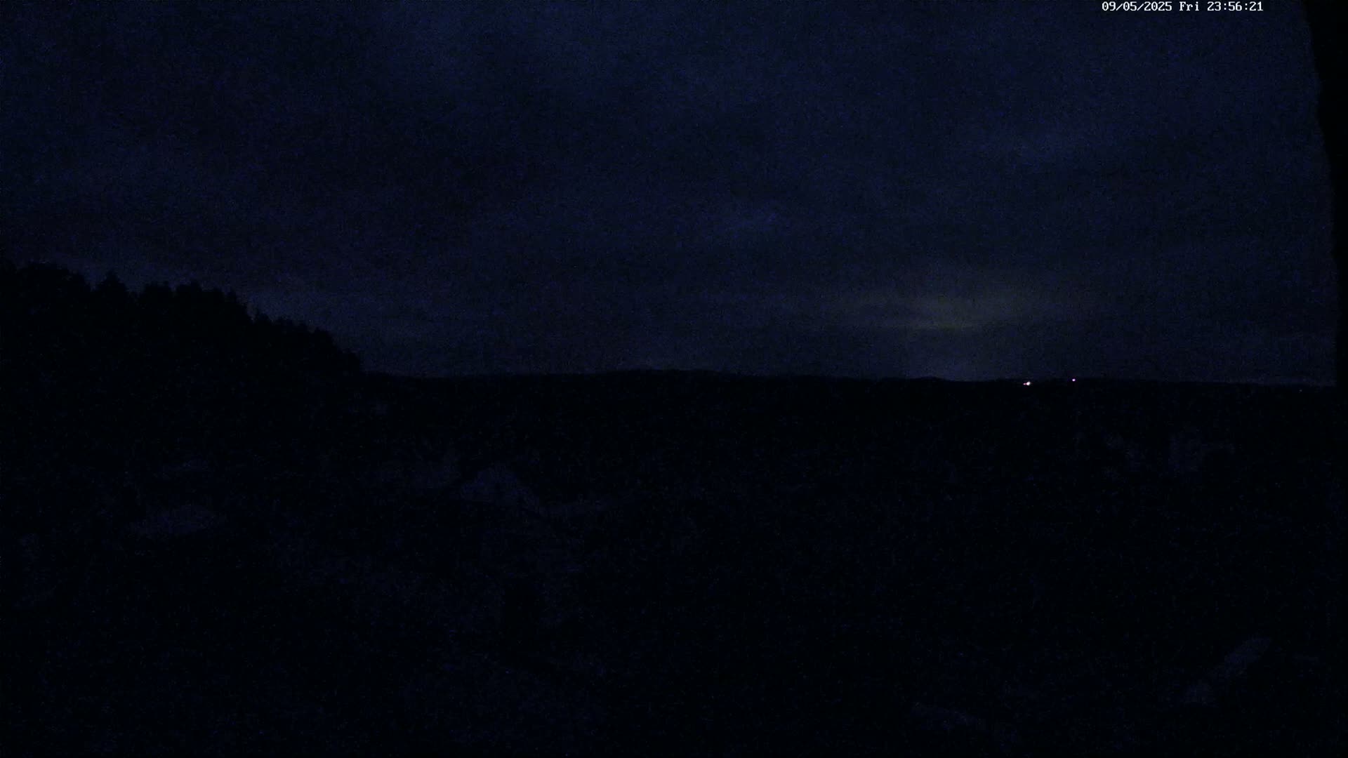 A dark nighttime landscape shows a silhouetted line of trees against a mostly clear, dark sky with a few faint lights visible in the distance.