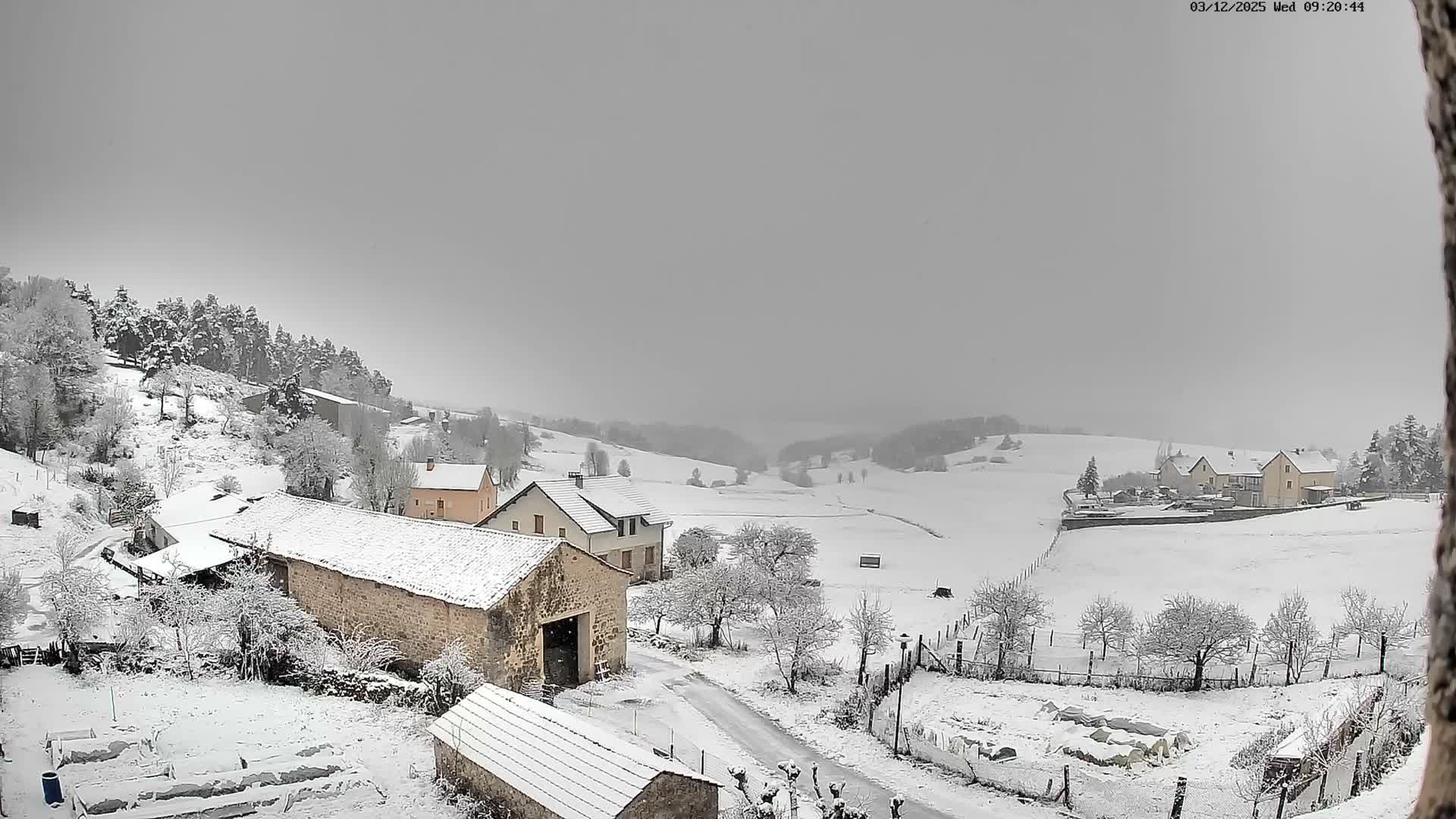 A panoramic view reveals a rural landscape entirely blanketed in fresh snow, with scattered houses, snow-laden trees, and gentle hills fading into a uniformly grey, overcast sky on a cold winter day.