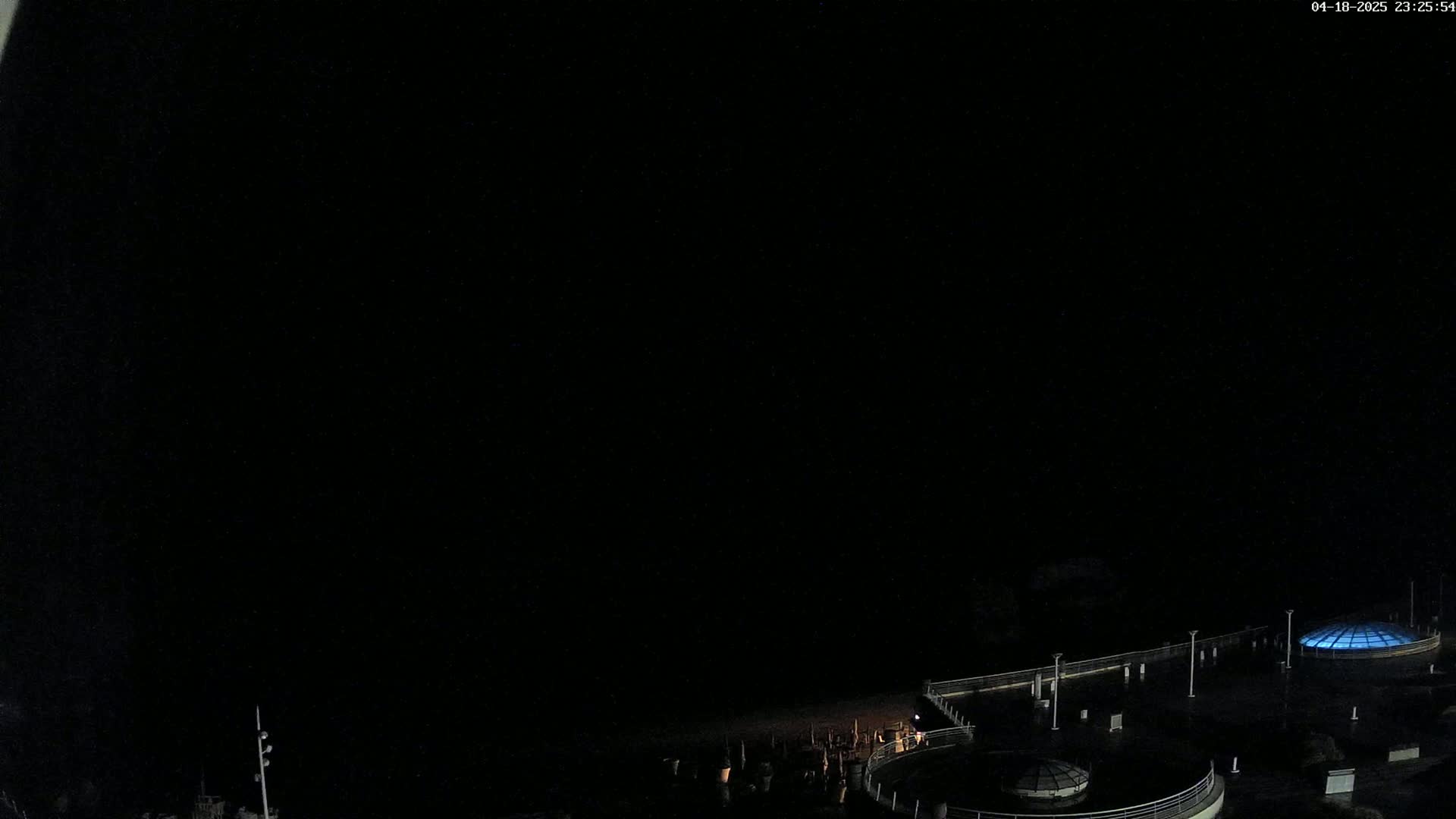 A dark nighttime scene shows a mostly empty outdoor area with a few lights and a couple of glass-roofed structures.