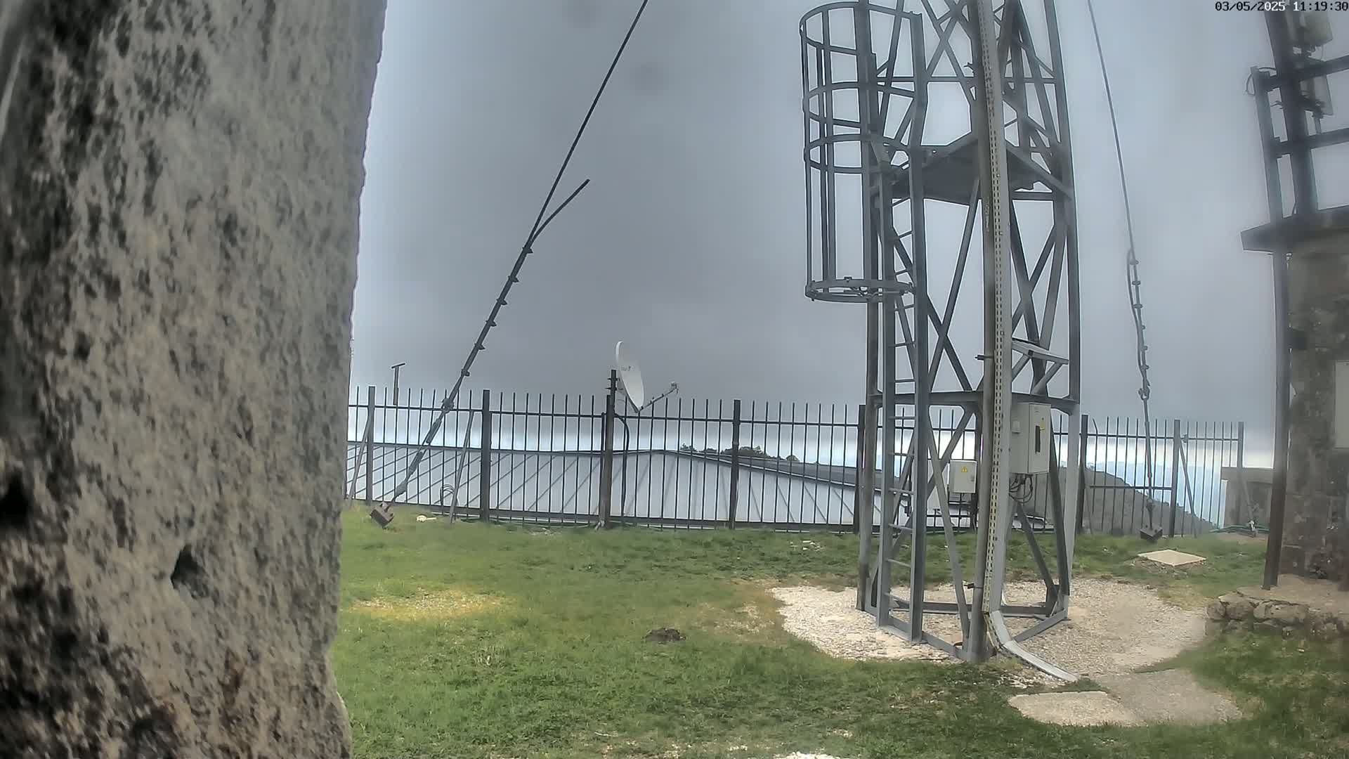 A metal tower with a satellite dish stands behind a metal fence on a grassy area under an overcast sky.