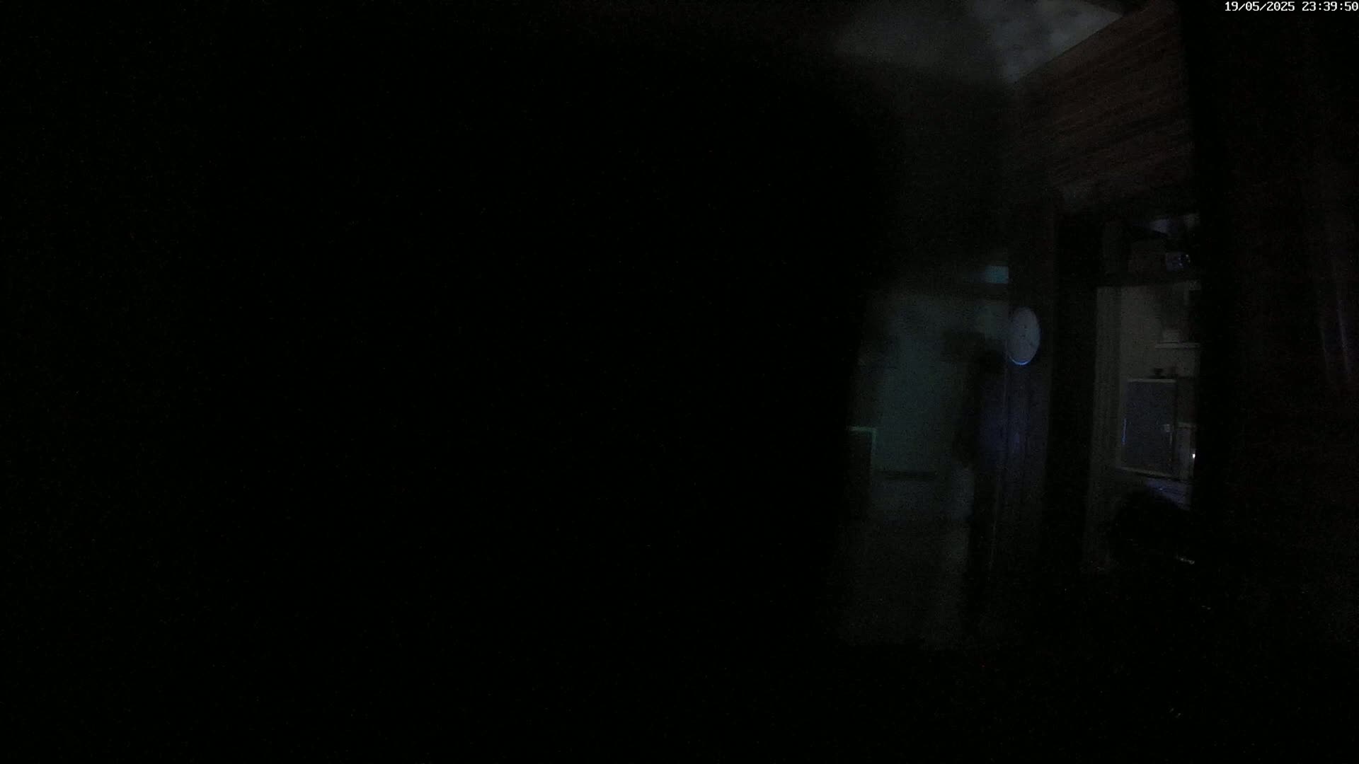 A dark, dimly lit interior space shows a vague figure near a doorway and a partially visible appliance.