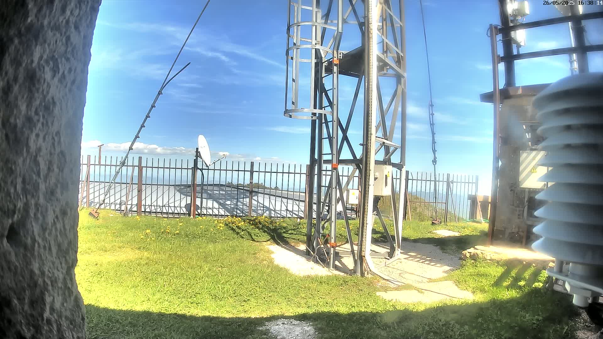 A metal tower with a ladder stands beside a fenced area with grass, a satellite dish, and a weather station on a sunny day with some clouds.