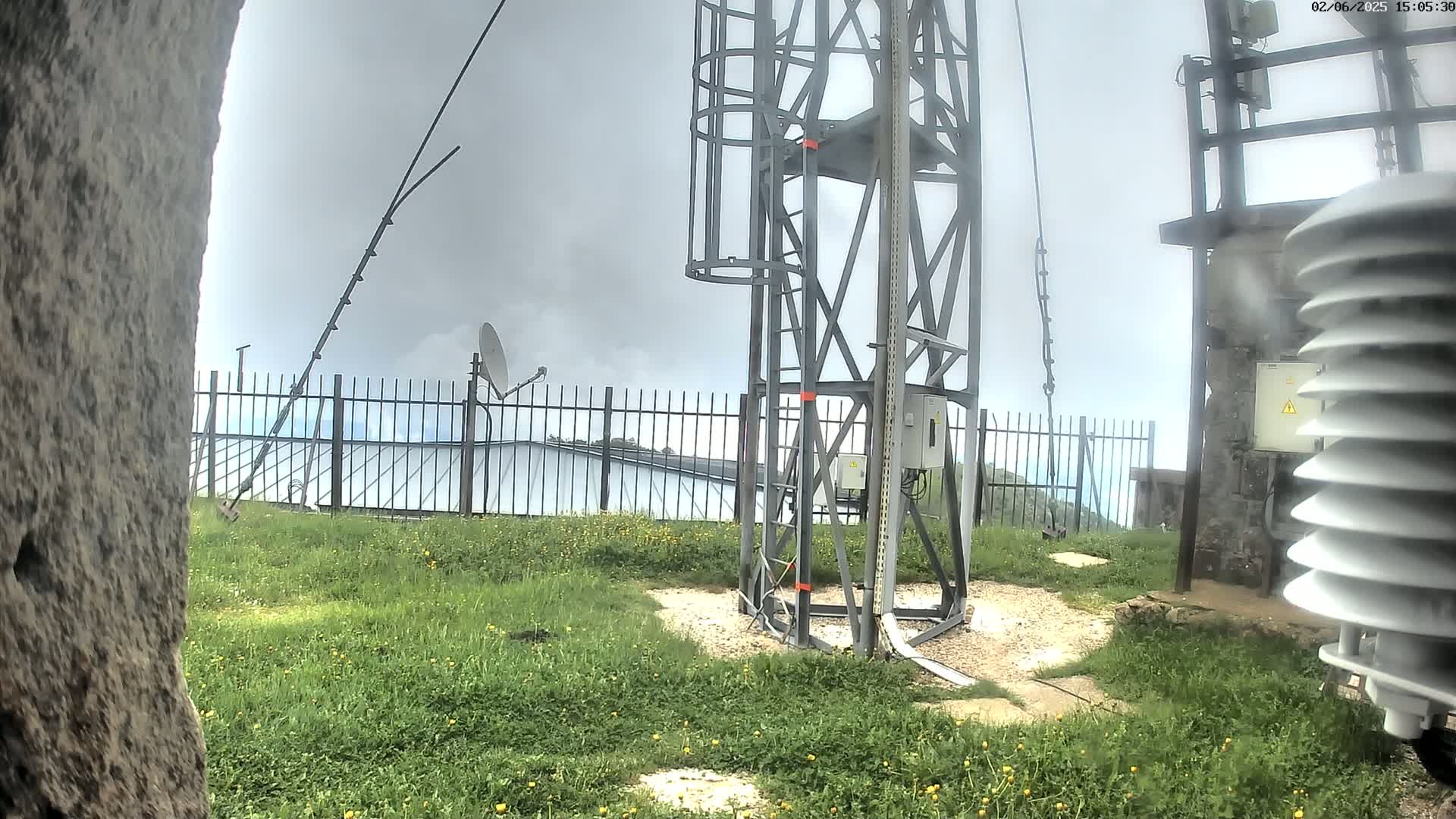A metal tower with a ladder stands on a grassy area enclosed by a fence, under an overcast sky, near other equipment including a satellite dish and weather sensor.