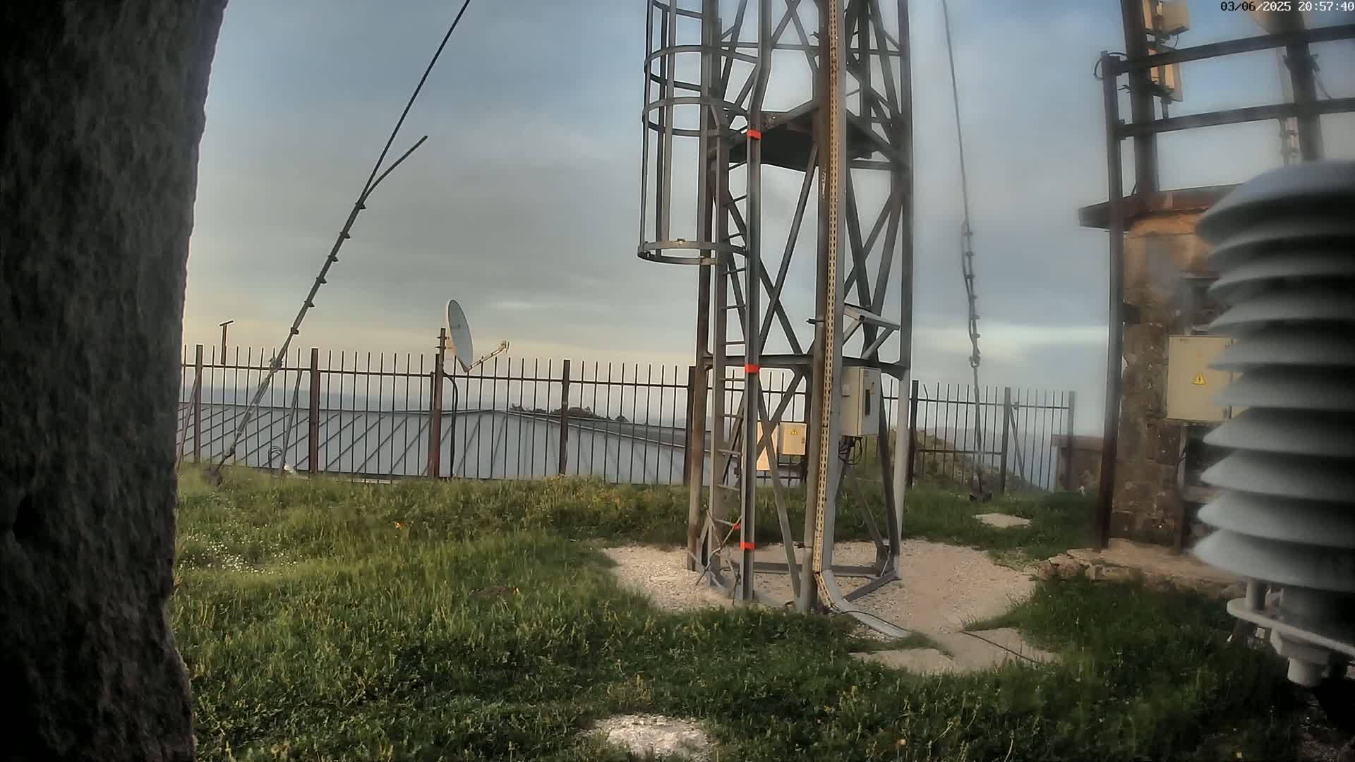 A metal tower with a ladder and attached equipment stands on a grassy area near a fence overlooking a hazy, distant view.