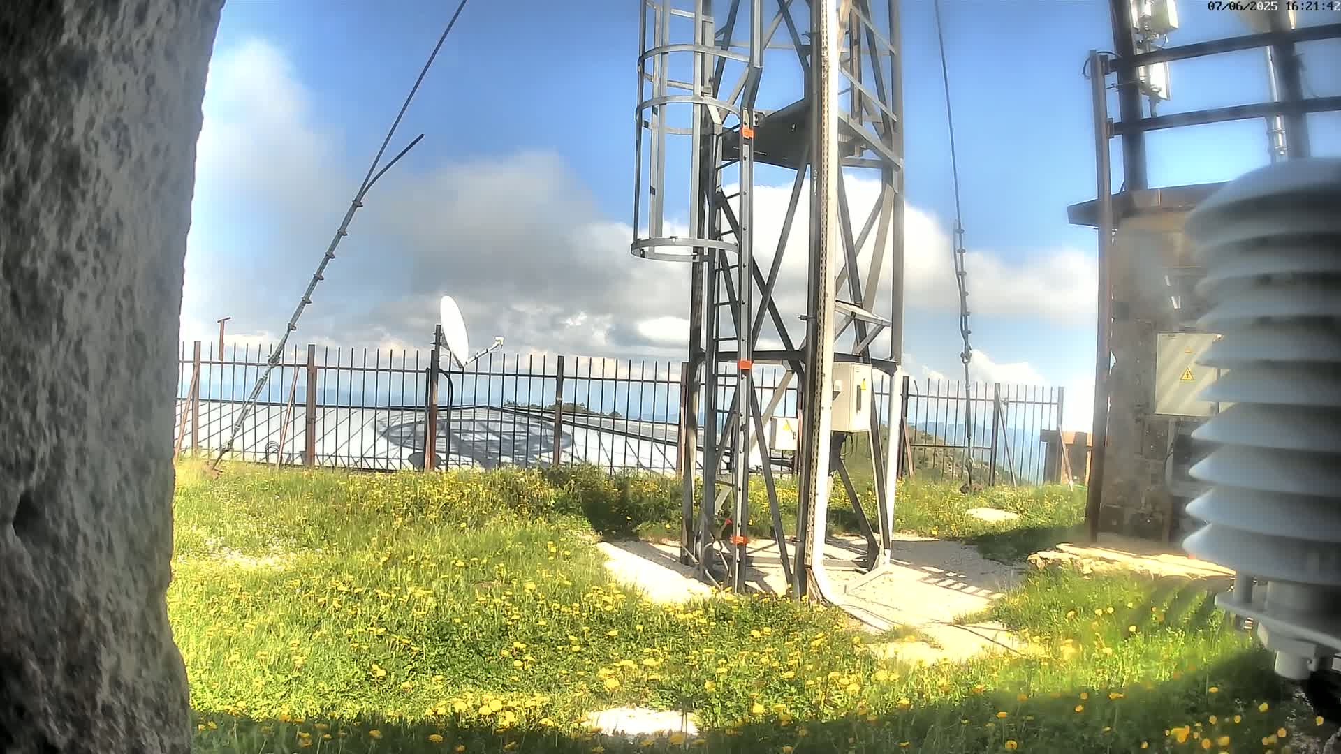 A metal tower with a ladder stands on a grassy area with yellow flowers, partially obscured by a rock, under a partly cloudy blue sky.