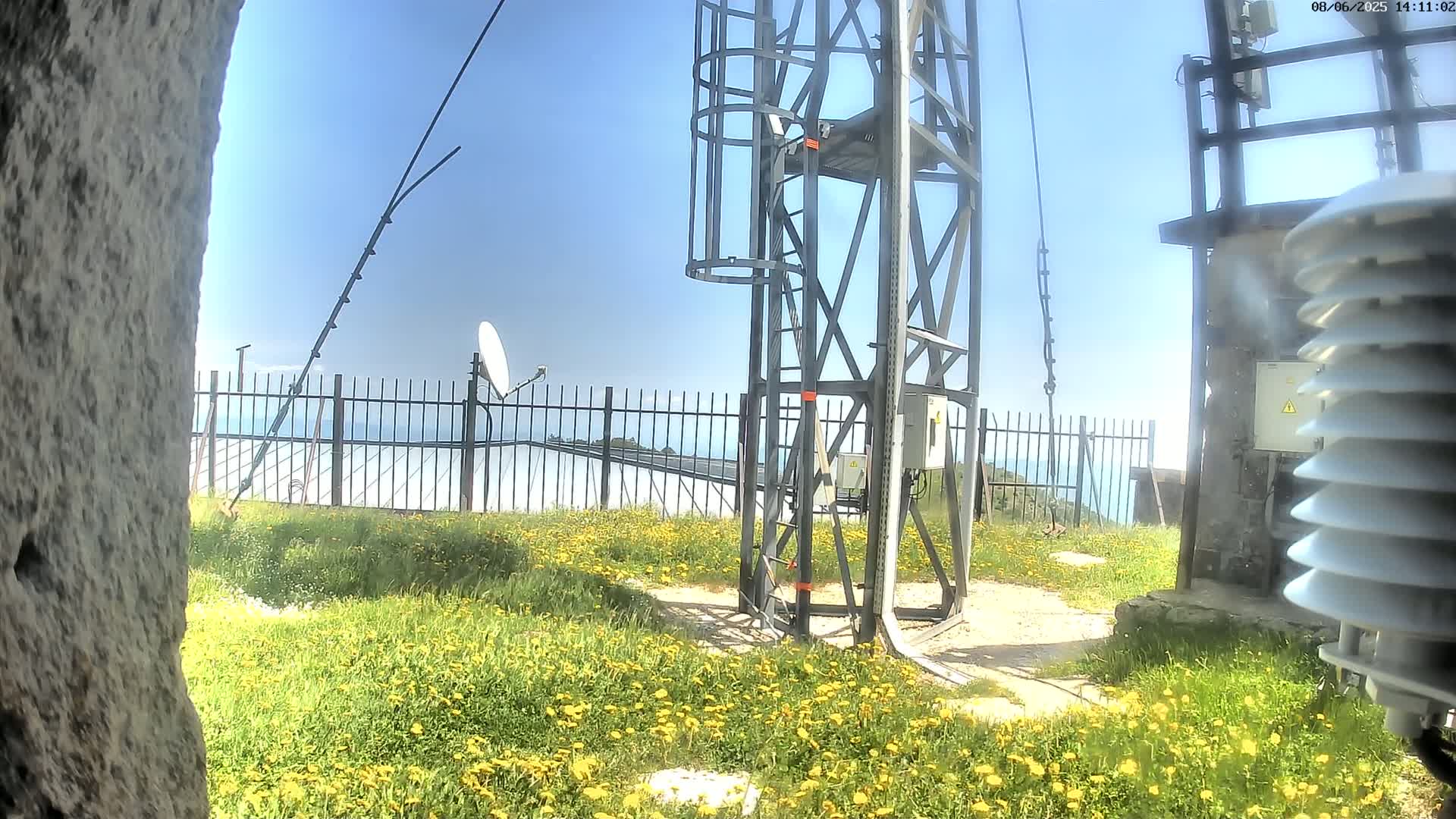 A metal communications tower with a satellite dish and weather equipment stands on a grassy hilltop overlooking a partly cloudy sea under a bright blue sky.