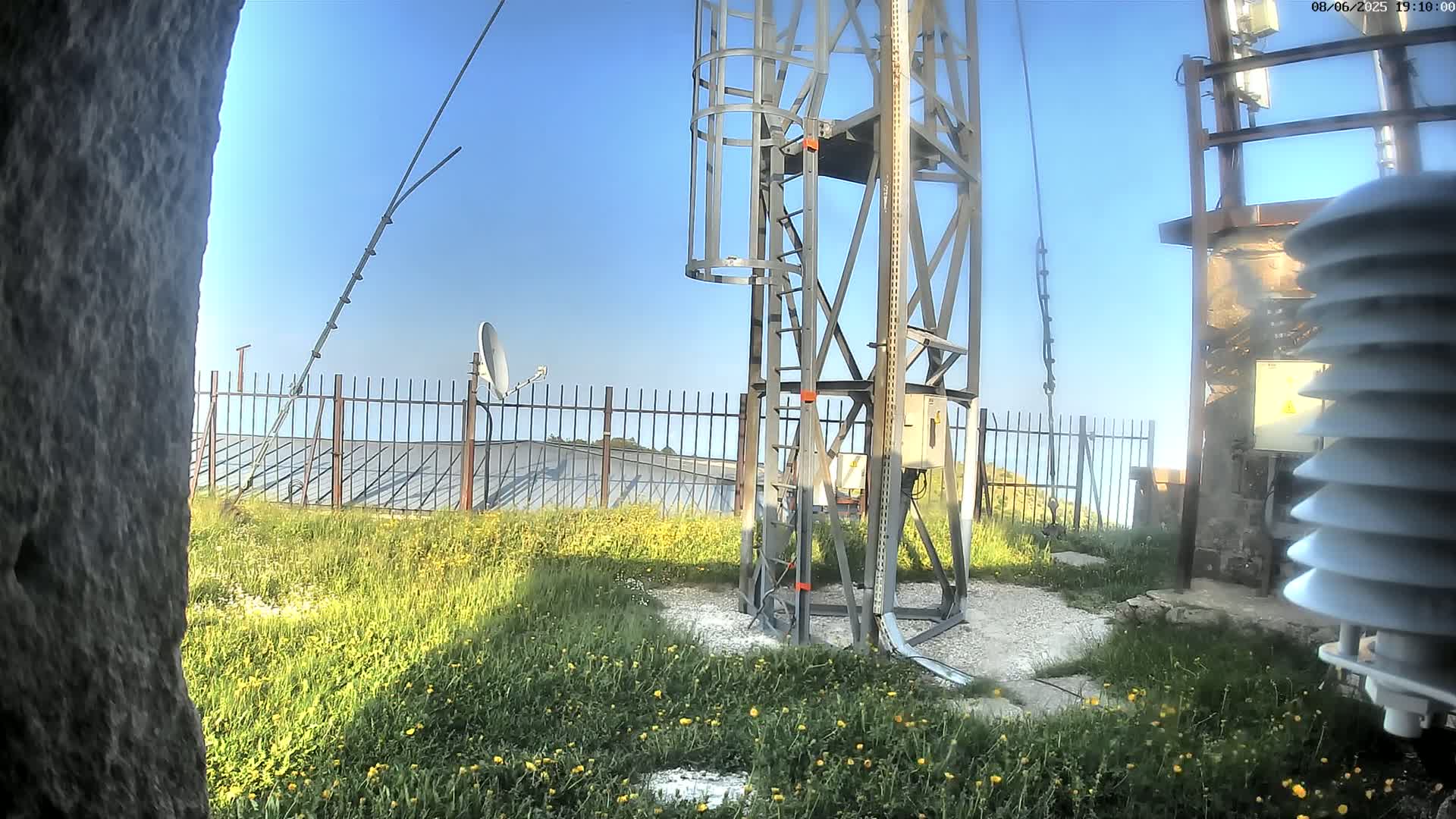 A metal communications tower with a ladder stands on a grassy hill under a clear blue sky, near a satellite dish and weather equipment.