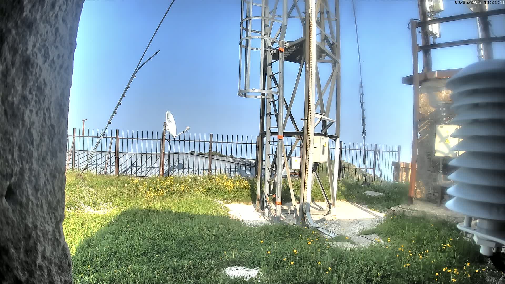 A metal communications tower with a ladder stands beside a weather station in a grassy area enclosed by a fence, under a clear blue sky.