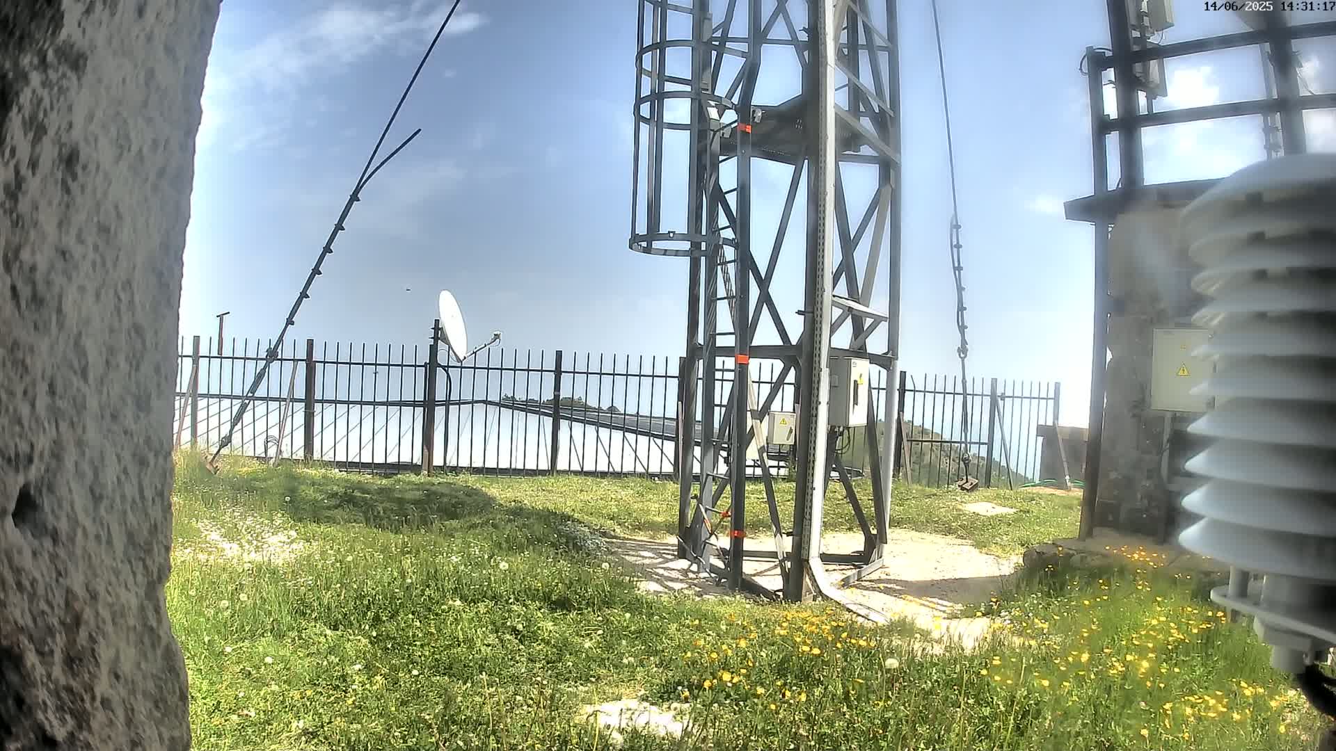 A metal tower with a satellite dish and weather station is situated on grassy land behind a metal fence under a partly cloudy sky.