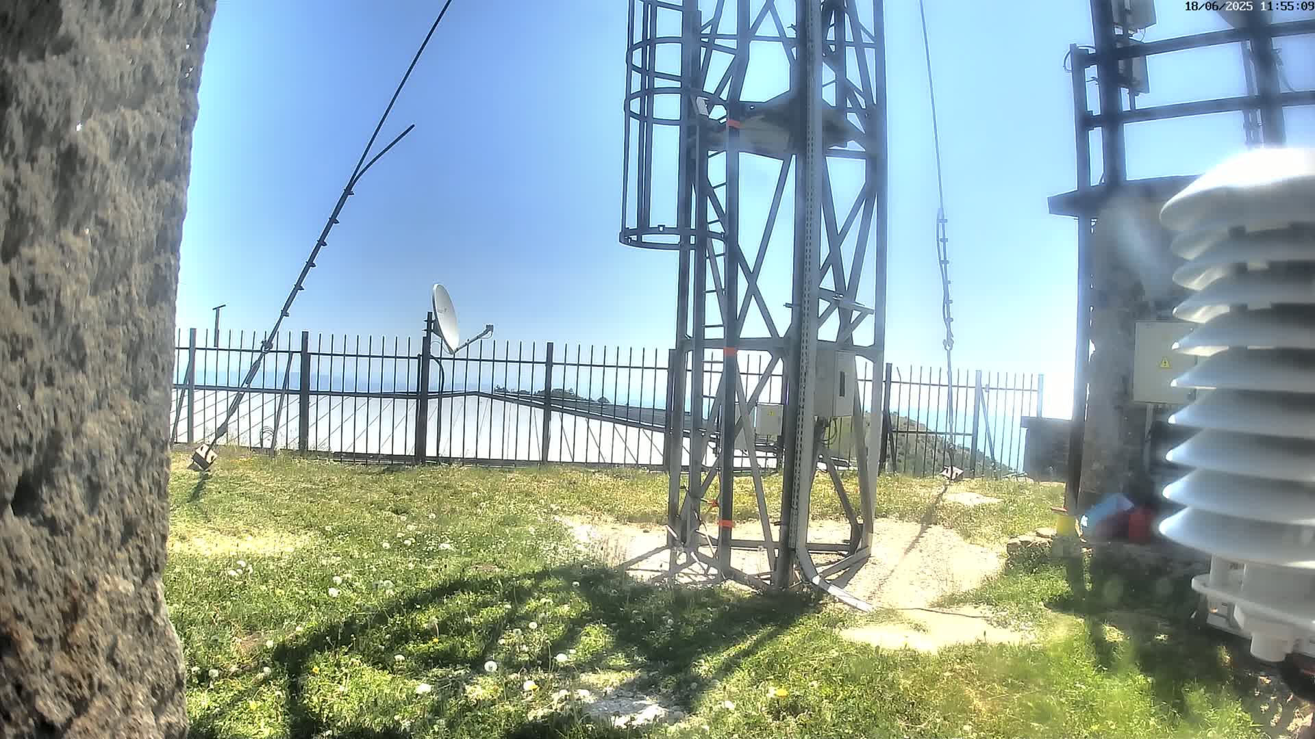 A metal communications tower stands on a grassy hilltop, with a satellite dish and other equipment nearby, under a clear blue sky.