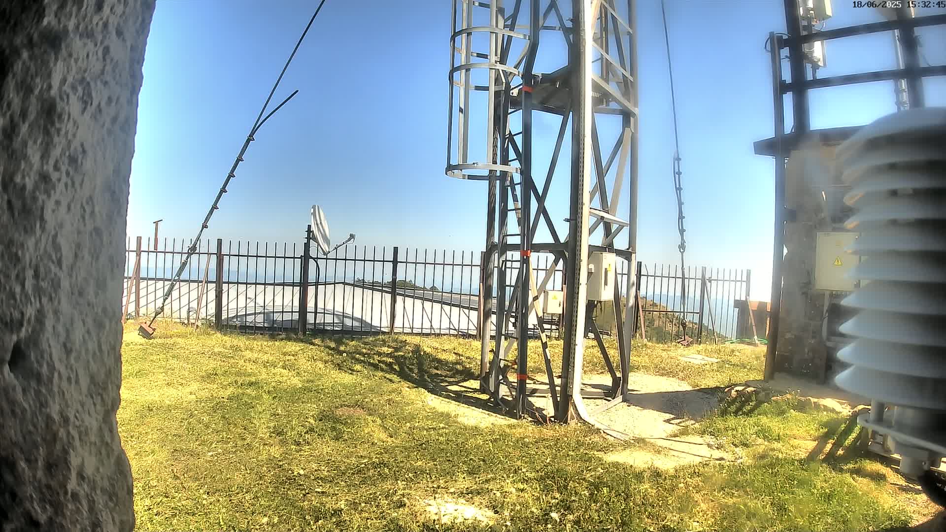 A grassy area with a metal tower, satellite dish, and weather station is visible under a clear blue sky.