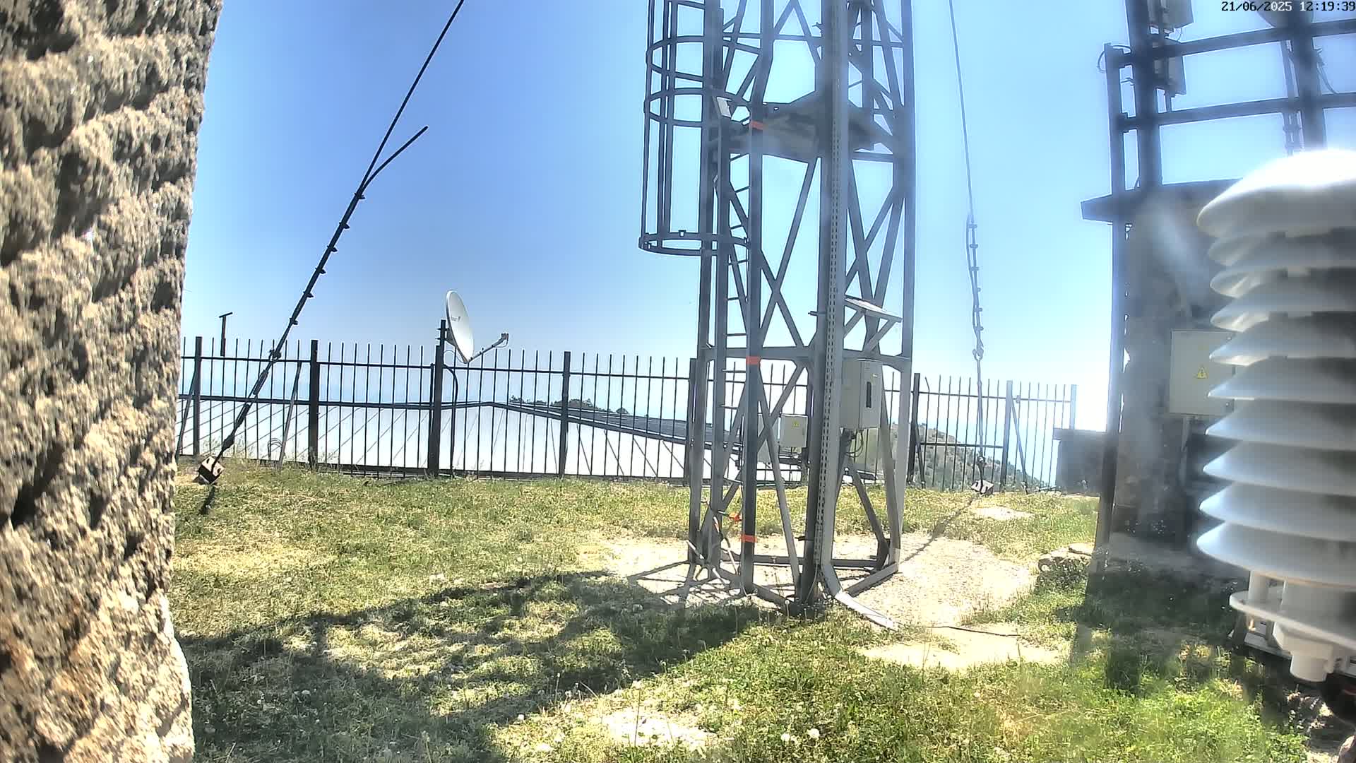 A metal communications tower with a satellite dish and weather station stands on a grassy hilltop under a clear blue sky.