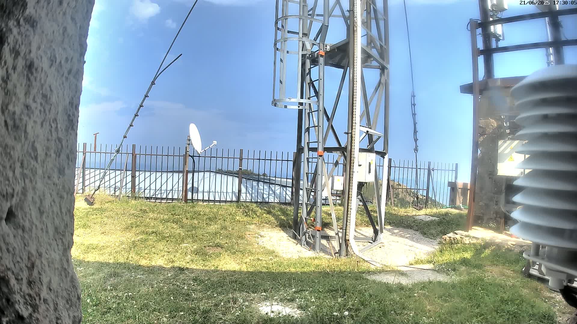A metal tower with a ladder stands on grassy ground next to a satellite dish and a weather station, under a mostly sunny sky.