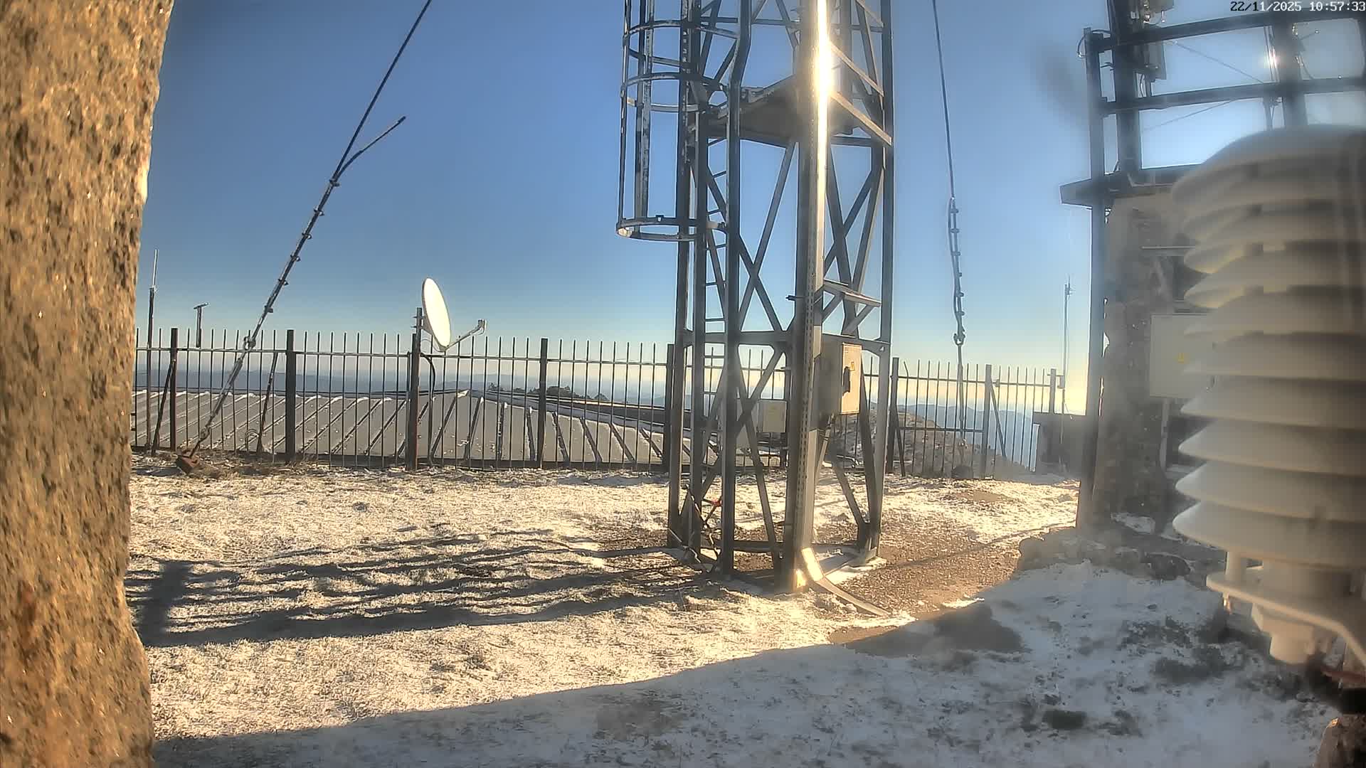 Under a clear, sunny sky, a snow-dusted mountaintop features a metal communication tower, a satellite dish, and a meteorological sensor, all within a fenced area, with long shadows cast across the frosty ground.