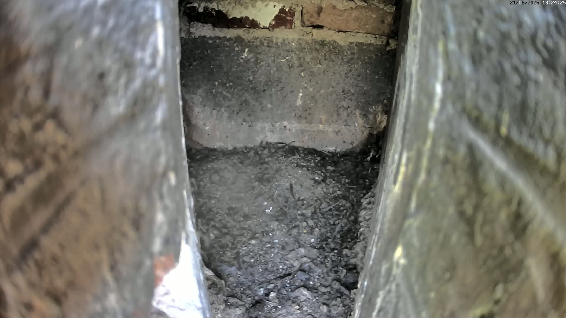 A dark, soil-filled cavity is nestled within the gap of two weathered stone structures.
