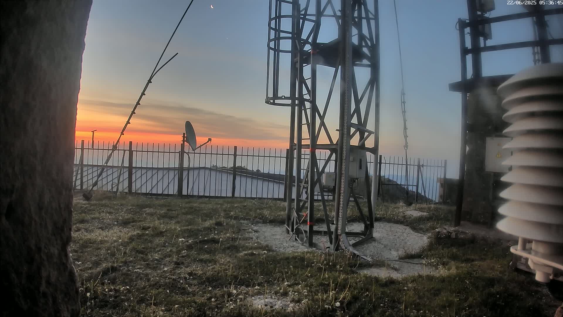 A metal communications tower and weather station stand on a grassy hilltop at sunrise, a satellite dish and metal fence visible in the background.