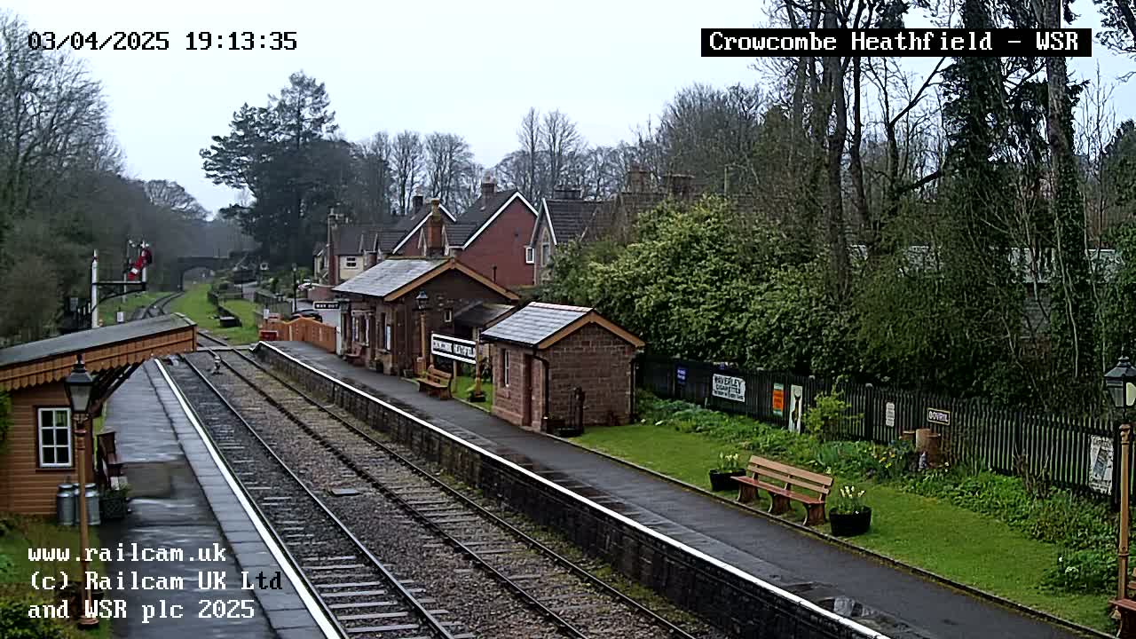 A view of a train station on an overcast day, showing railway tracks, platforms, and several buildings nestled among trees.