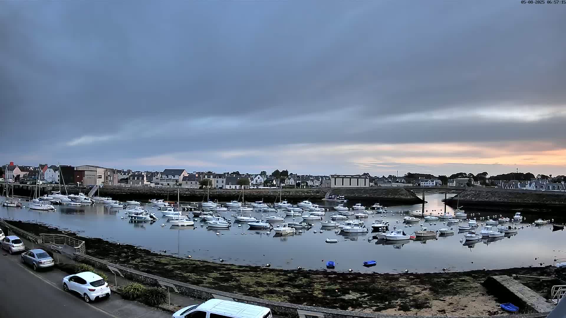 Many small white boats are moored in a calm harbor under an overcast sky at sunset, with a town visible in the background.