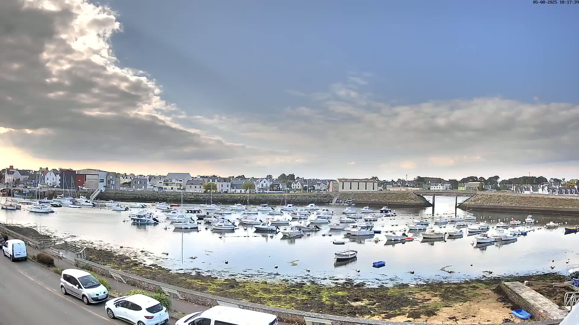 A harbor filled with numerous small white boats is situated under a partly cloudy sky.