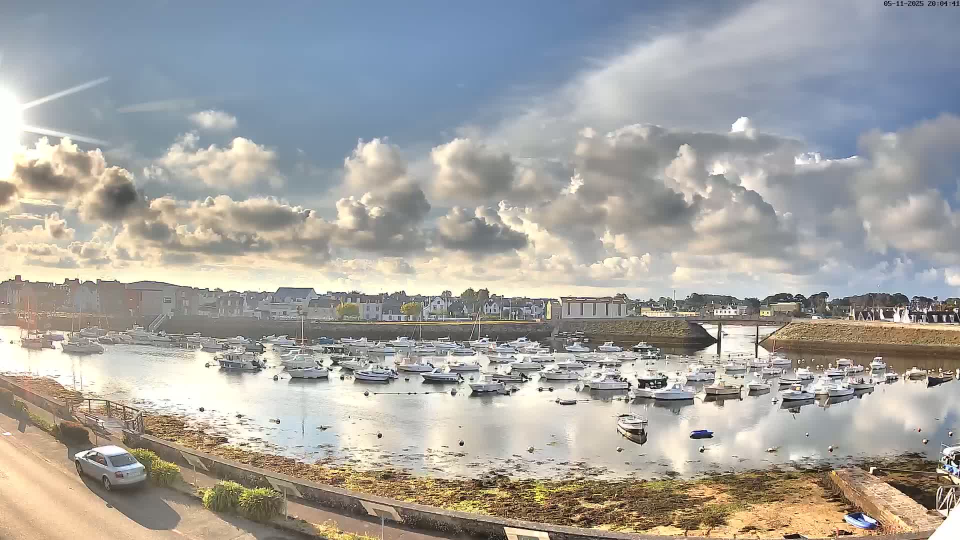 A sunny harbor filled with numerous white boats under a partly cloudy sky.