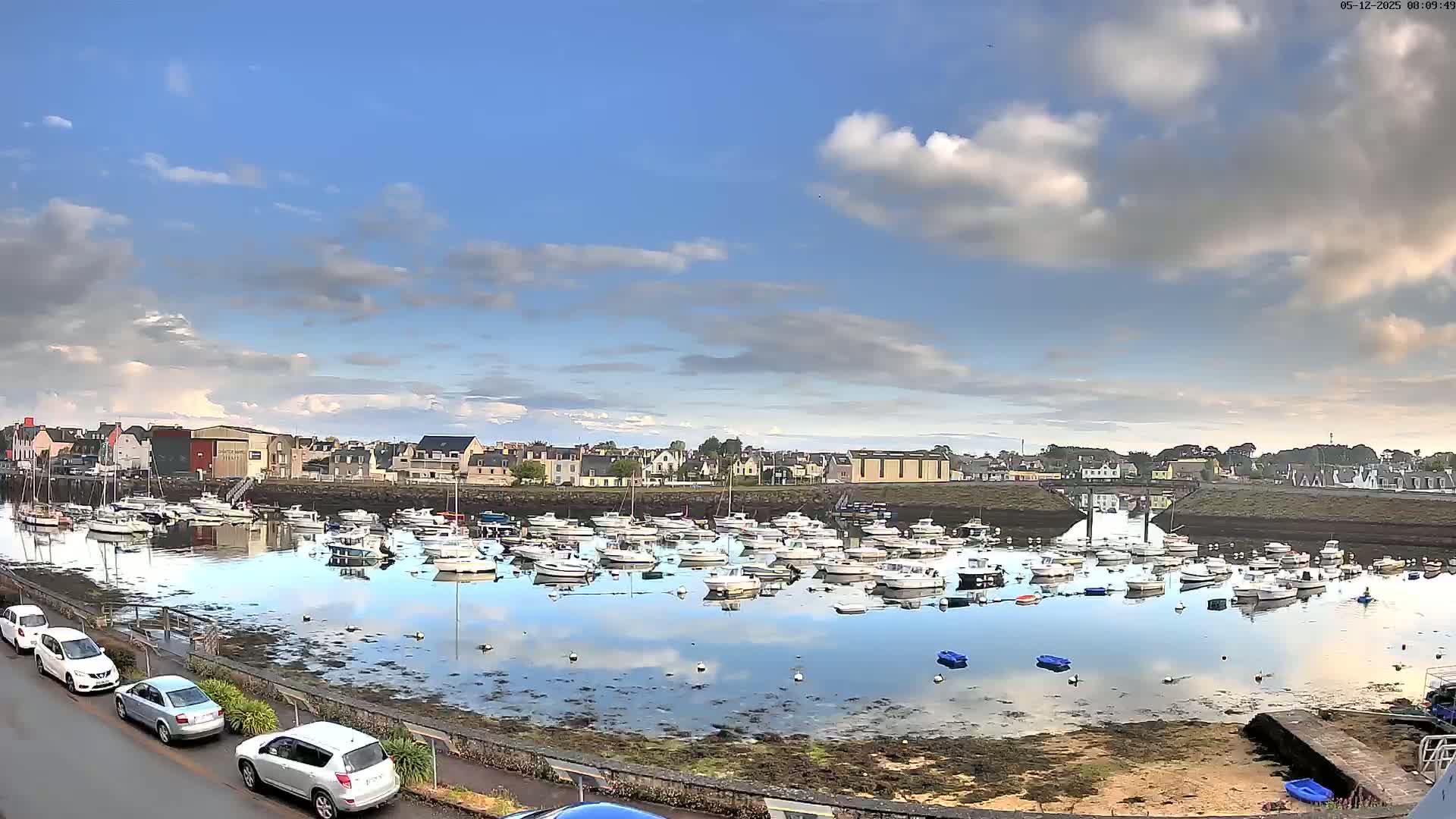 A calm harbor filled with numerous small boats reflects a partly cloudy sky under which a small town sits on the far shore.