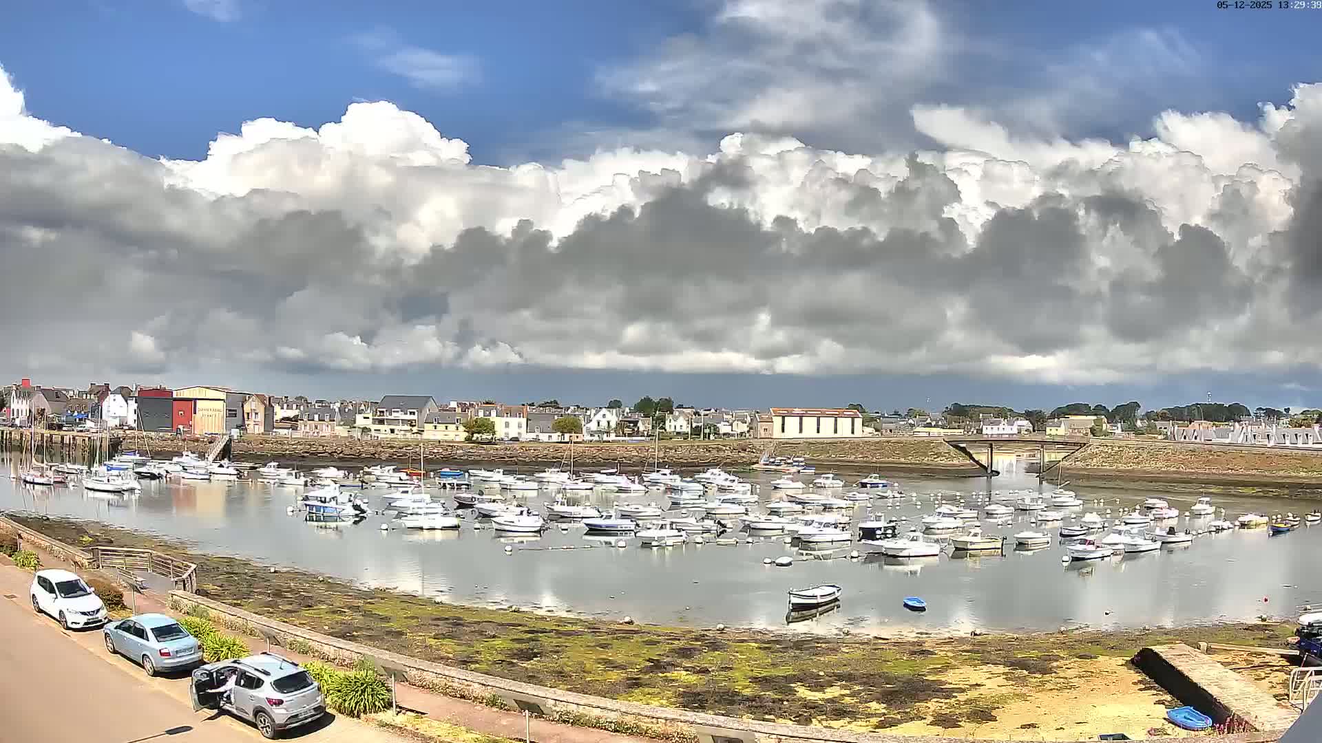 A harbor filled with numerous small boats is situated beneath a partly cloudy sky, with a town visible in the background.