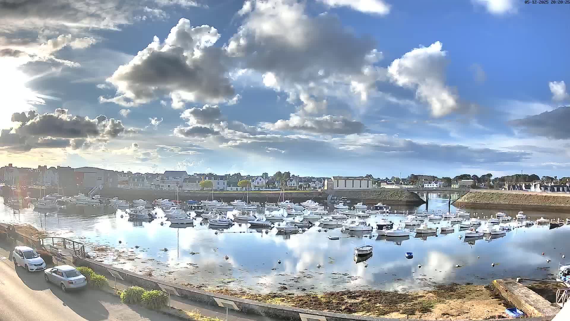A harbor filled with numerous boats is nestled beside a town under a partly cloudy sky.