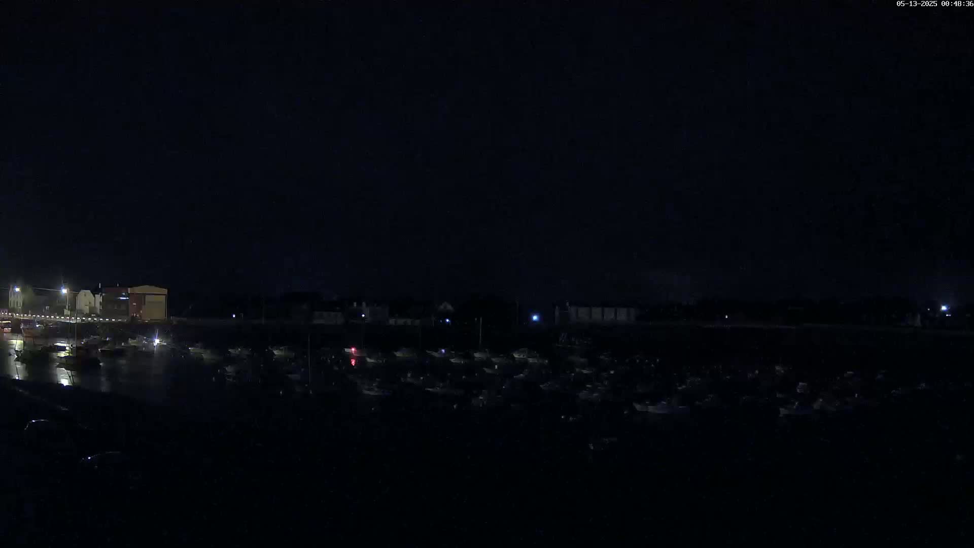 A nighttime view shows a dark harbor filled with many boats, with a few dimly lit buildings visible in the background under a dark sky.