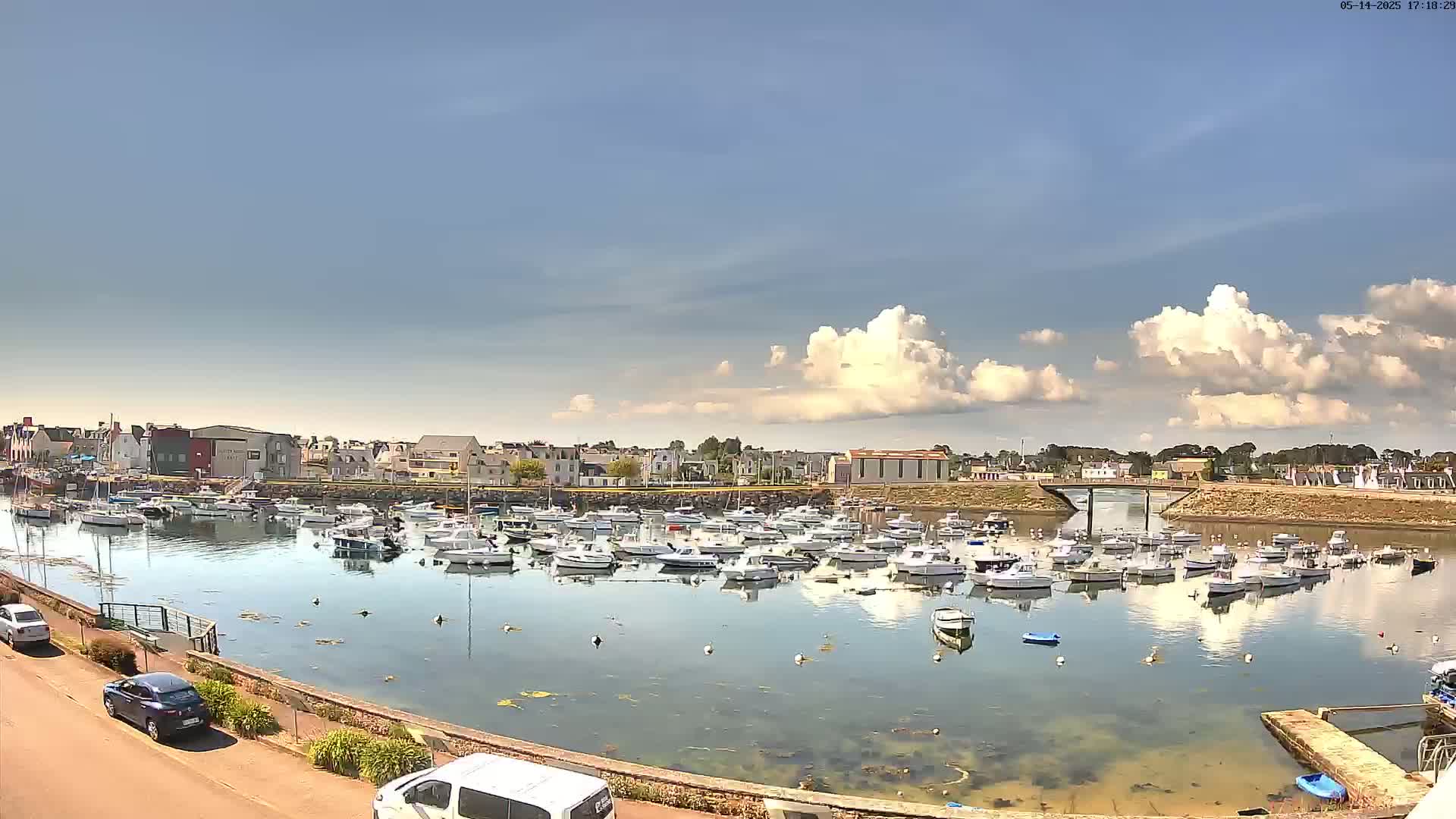 A harbor filled with numerous white boats under a partly cloudy sky.