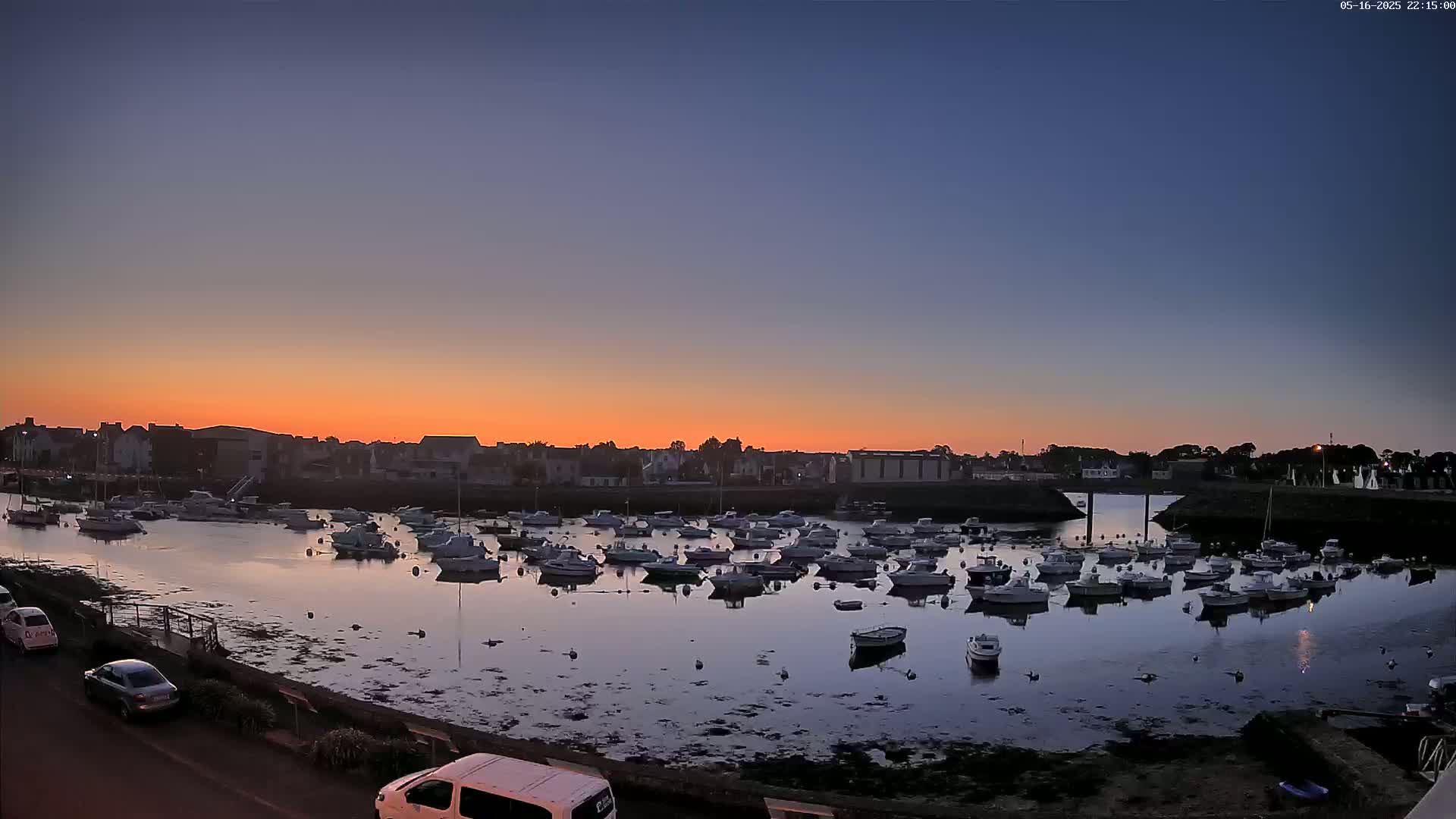 A calm harbor filled with numerous small boats at sunset, under a clear sky.
