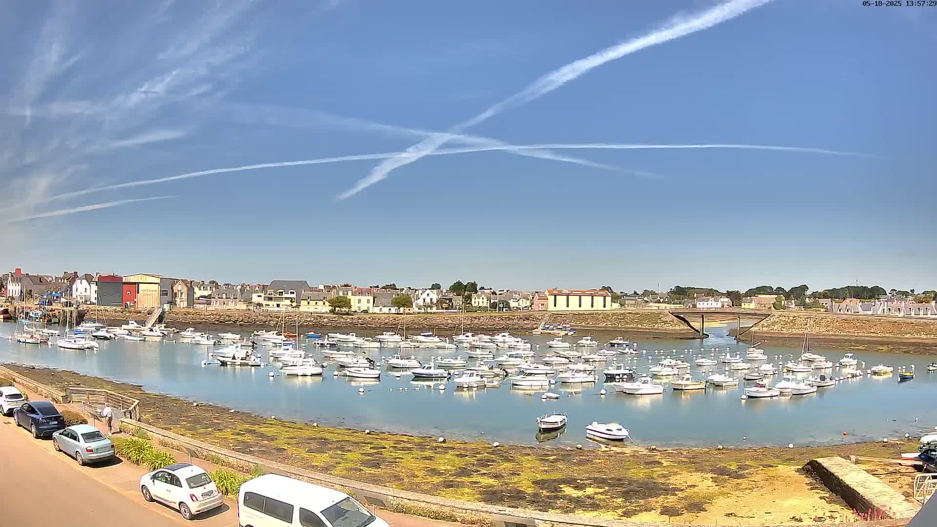 Under a mostly sunny sky with contrails, a calm harbor is filled with numerous small white boats near a town with low buildings.