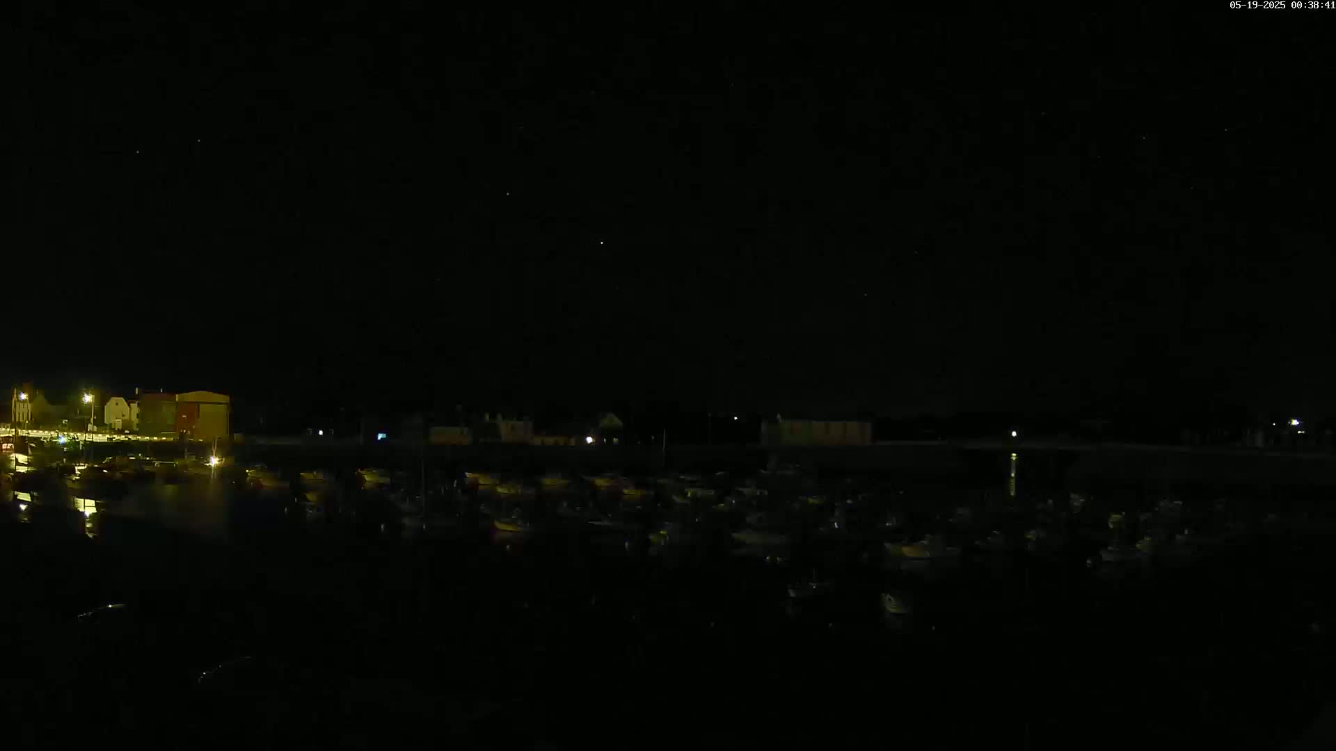 Under a clear, dark night sky, a harbor filled with numerous boats is illuminated by faint lights from buildings and docks in the background.