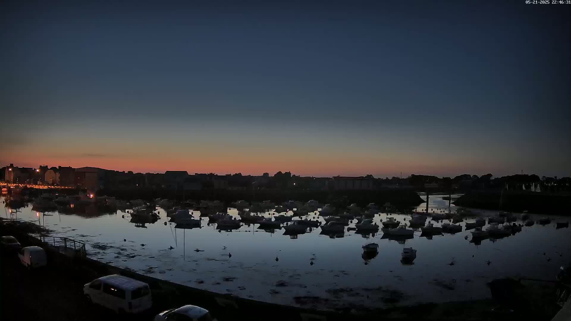A calm harbor filled with numerous boats at twilight, under a dusky pink and blue sky.
