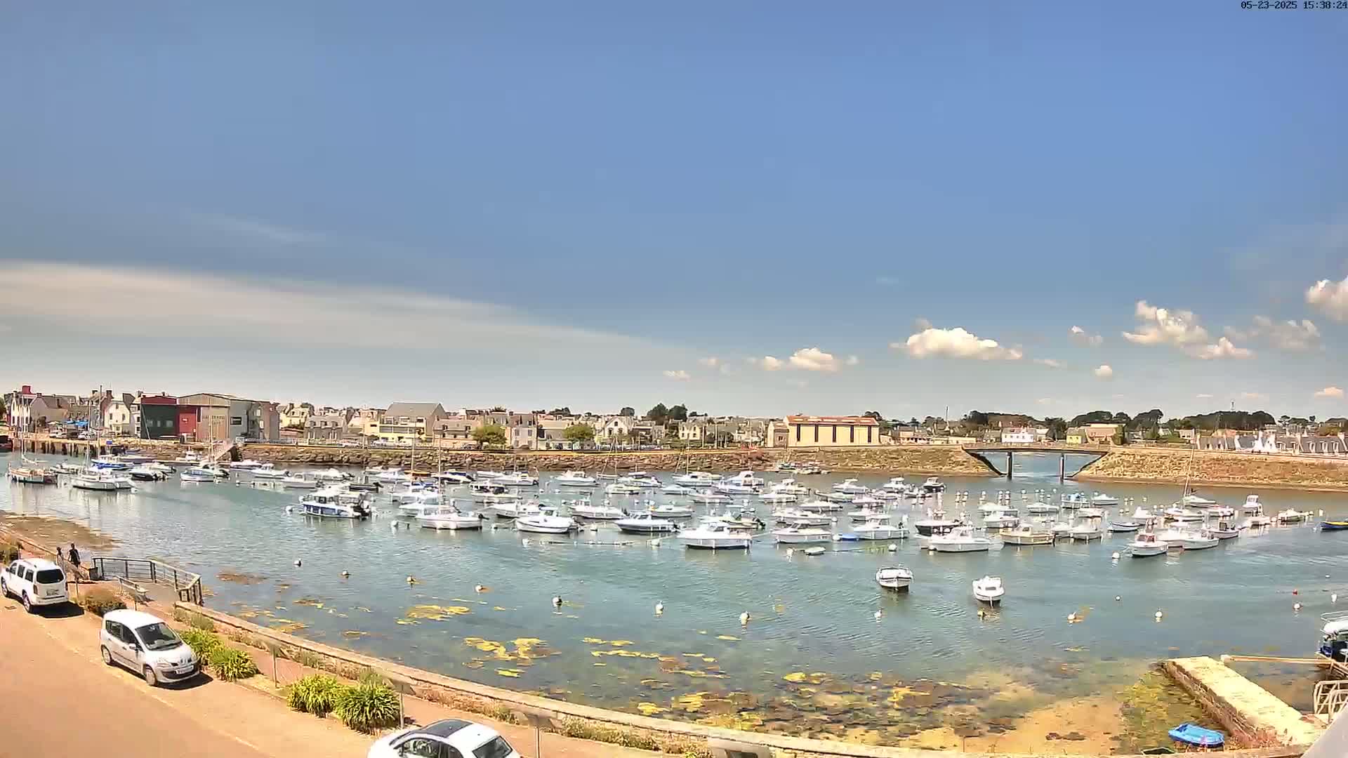 A harbor filled with numerous small boats is situated under a mostly sunny sky with a few scattered clouds.