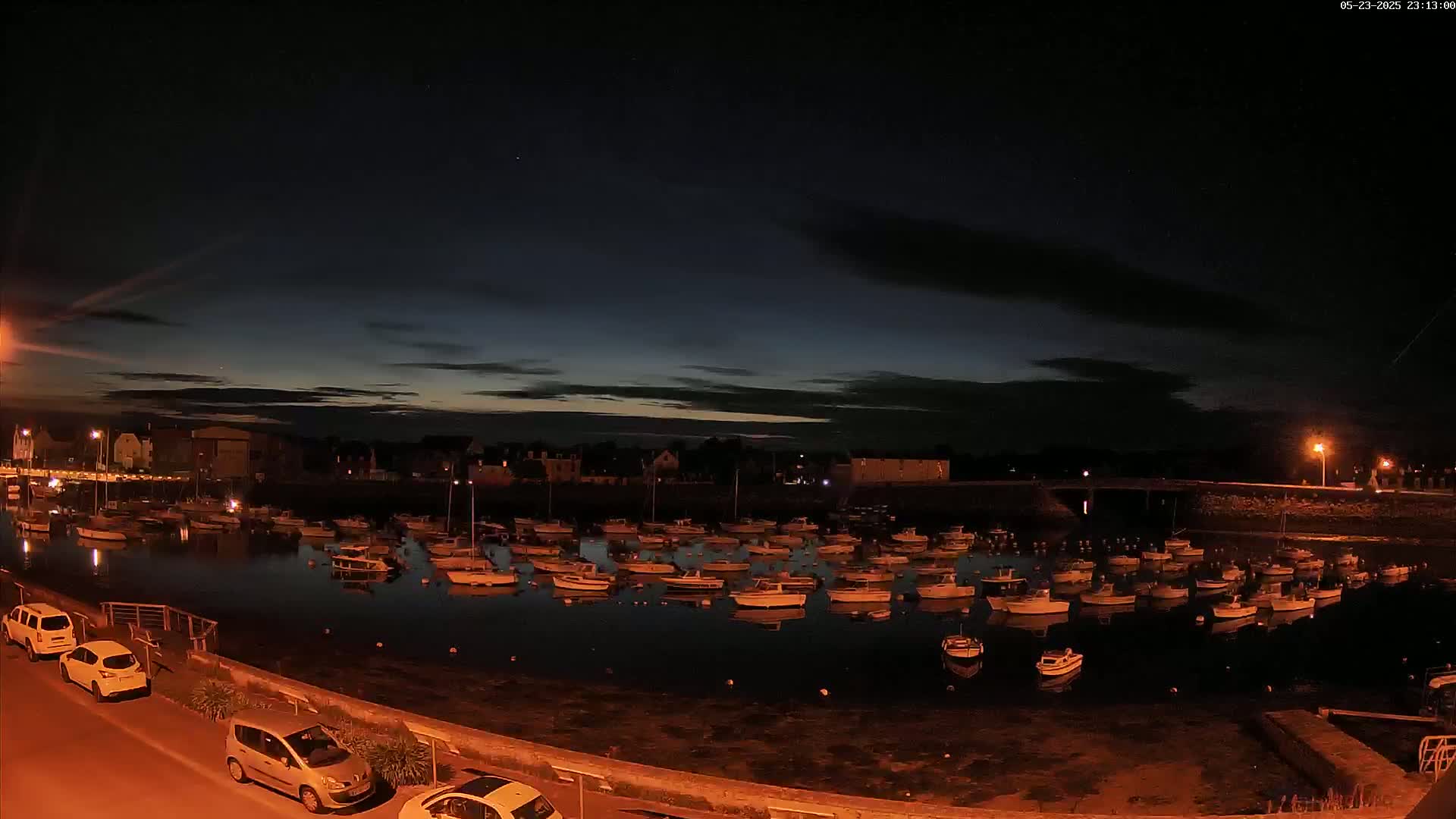 A nighttime harbor scene shows numerous small boats moored in calm water, under a dark sky with hints of twilight.