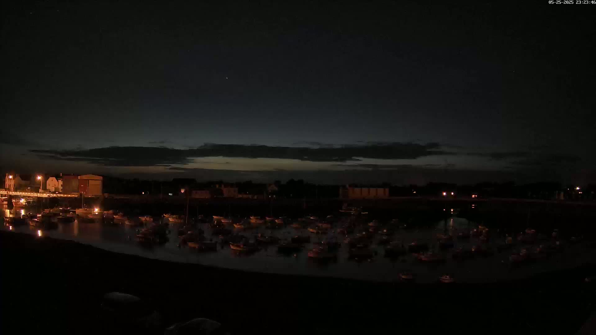 A nighttime harbor scene shows many small boats moored in calm water under a dark sky with a faint, light band on the horizon.