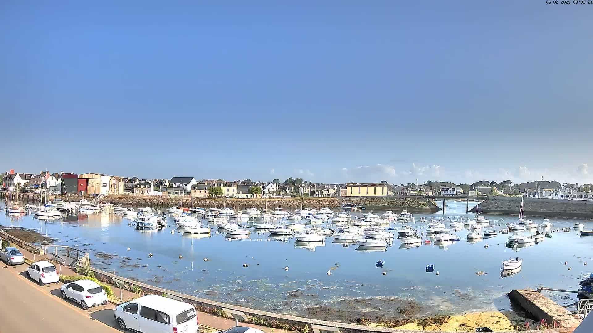 Under a clear blue sky, a calm harbor filled with numerous small white boats is nestled beside a town of low buildings.