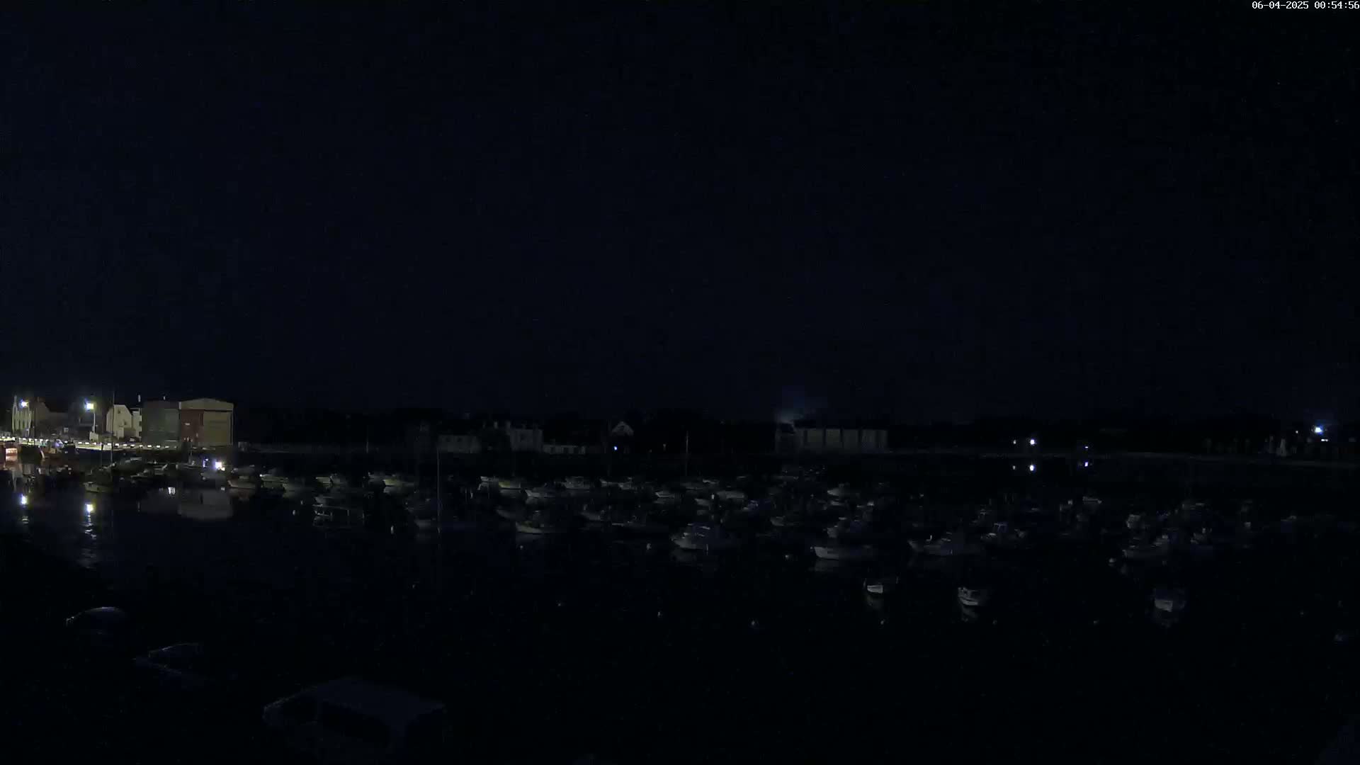 At night, a harbor filled with numerous boats is visible under a dark, clear sky.