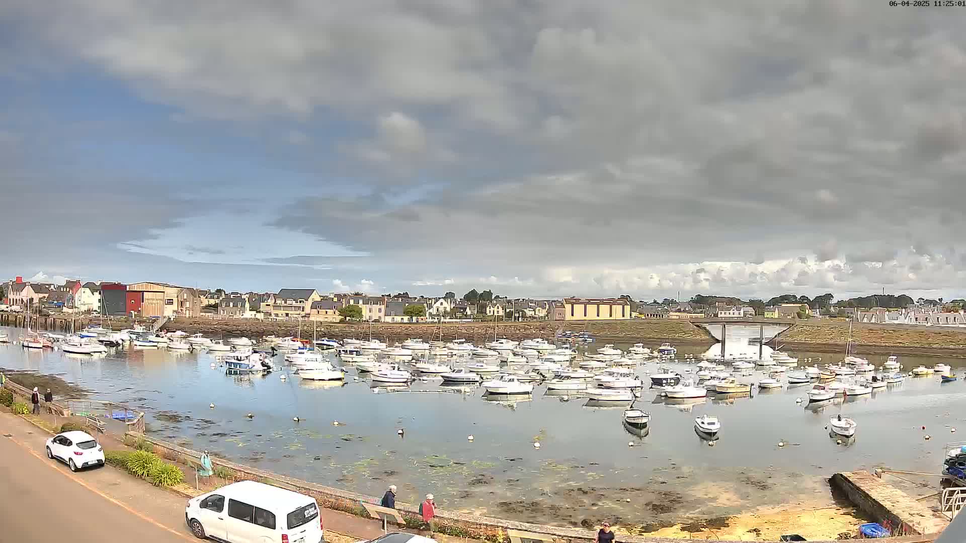 A harbor filled with numerous small boats under a mostly cloudy sky.