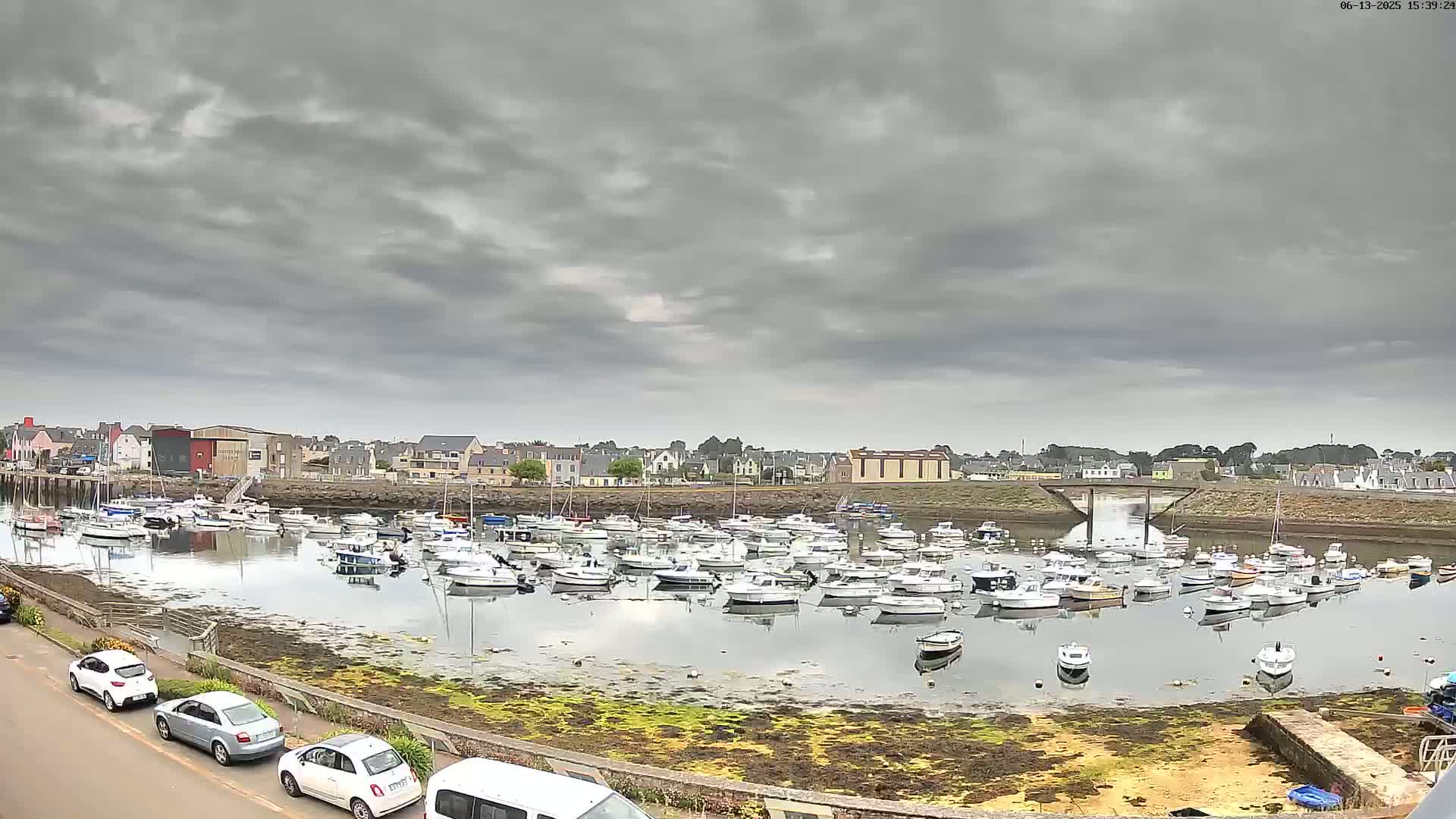 A harbor filled with numerous small boats is situated under a cloudy sky.