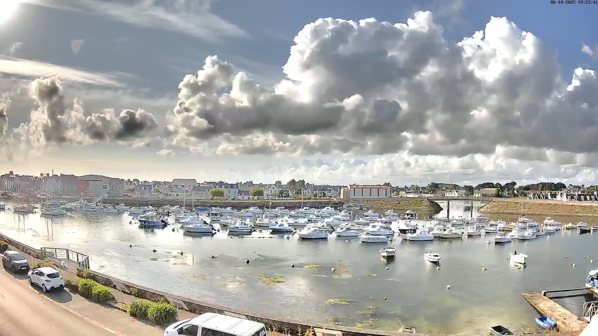 A harbor filled with numerous boats is situated beneath a partly cloudy sky.