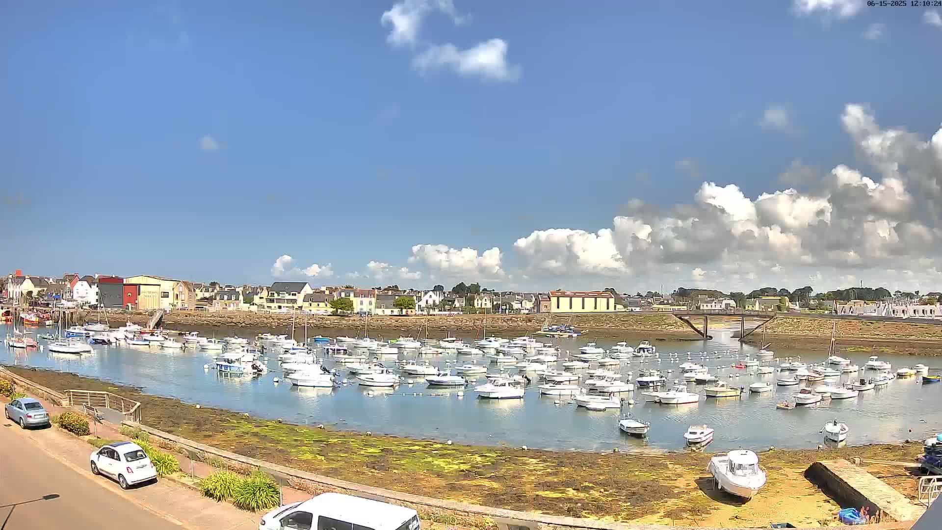 A sunny day with partly cloudy skies shows a calm harbor filled with numerous small boats moored in front of a town.