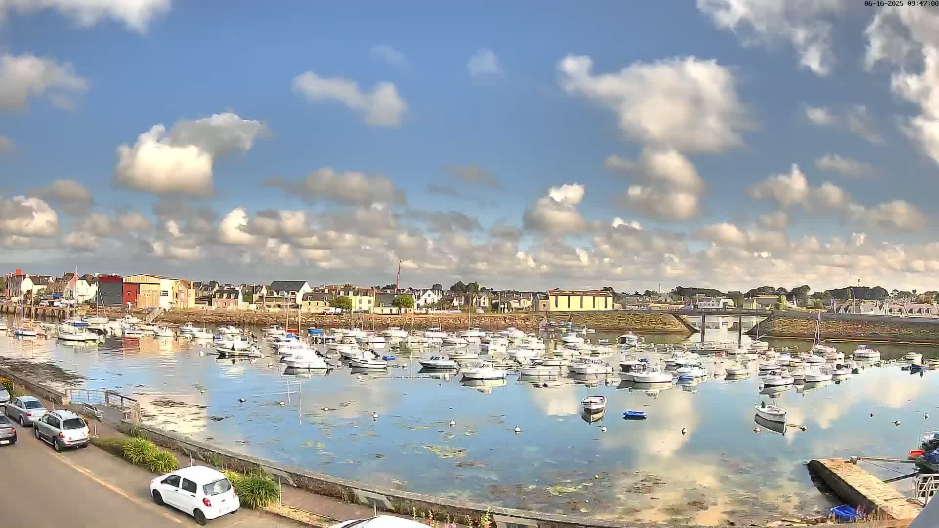 A harbor filled with numerous small boats is nestled beside a town under a partly cloudy sky.