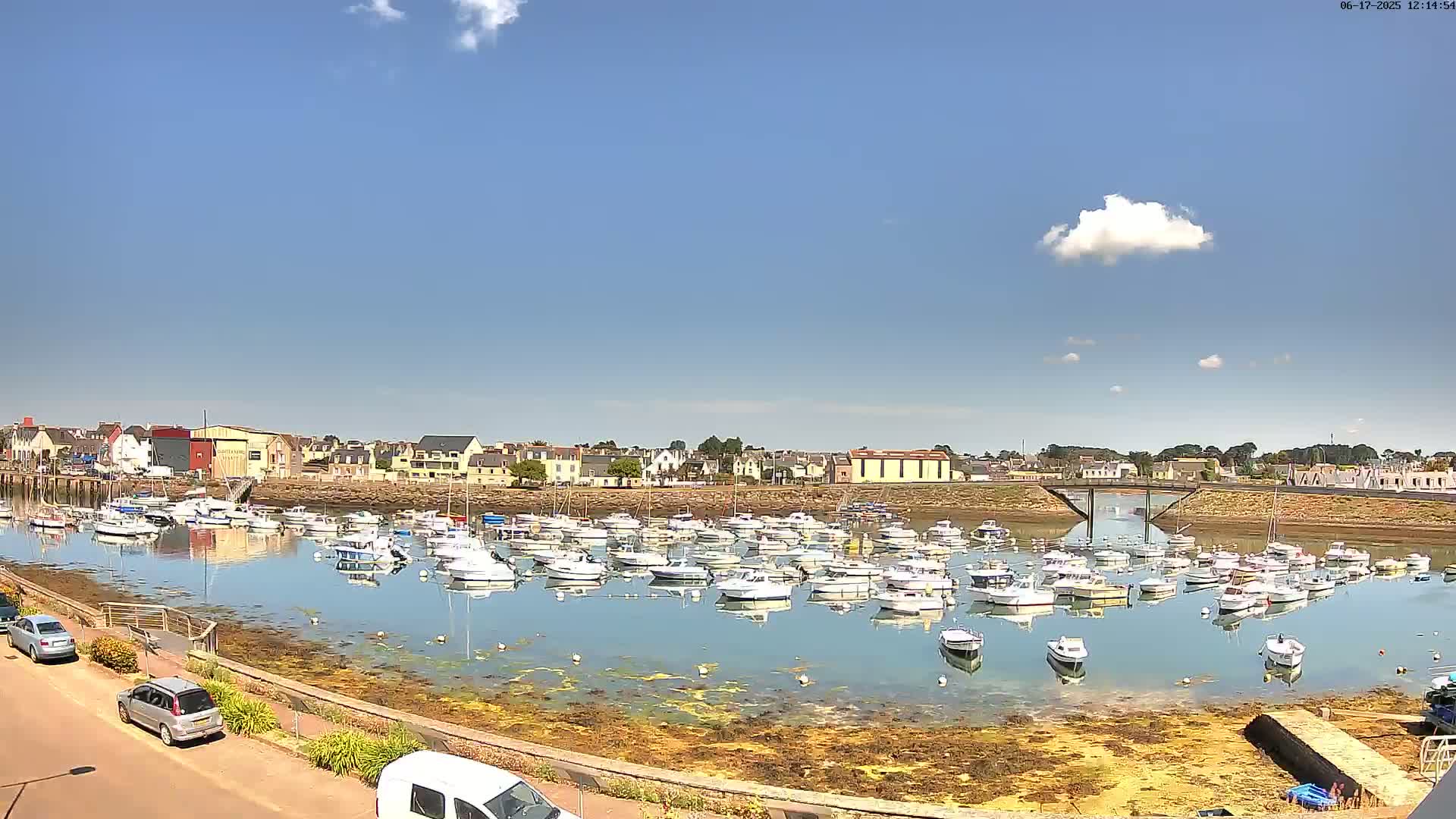 A harbor filled with numerous small boats is situated in front of a town under a mostly sunny sky with a few scattered clouds.