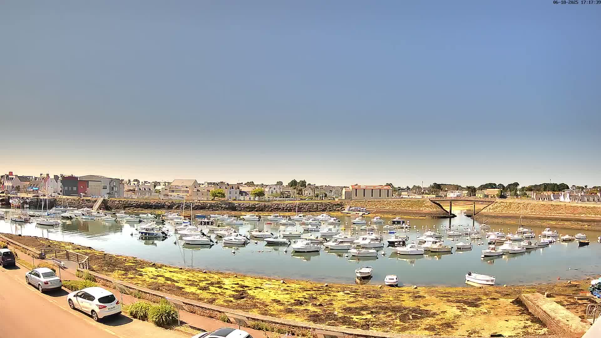 A harbor filled with numerous small boats is situated in front of a town under a clear, sunny sky.